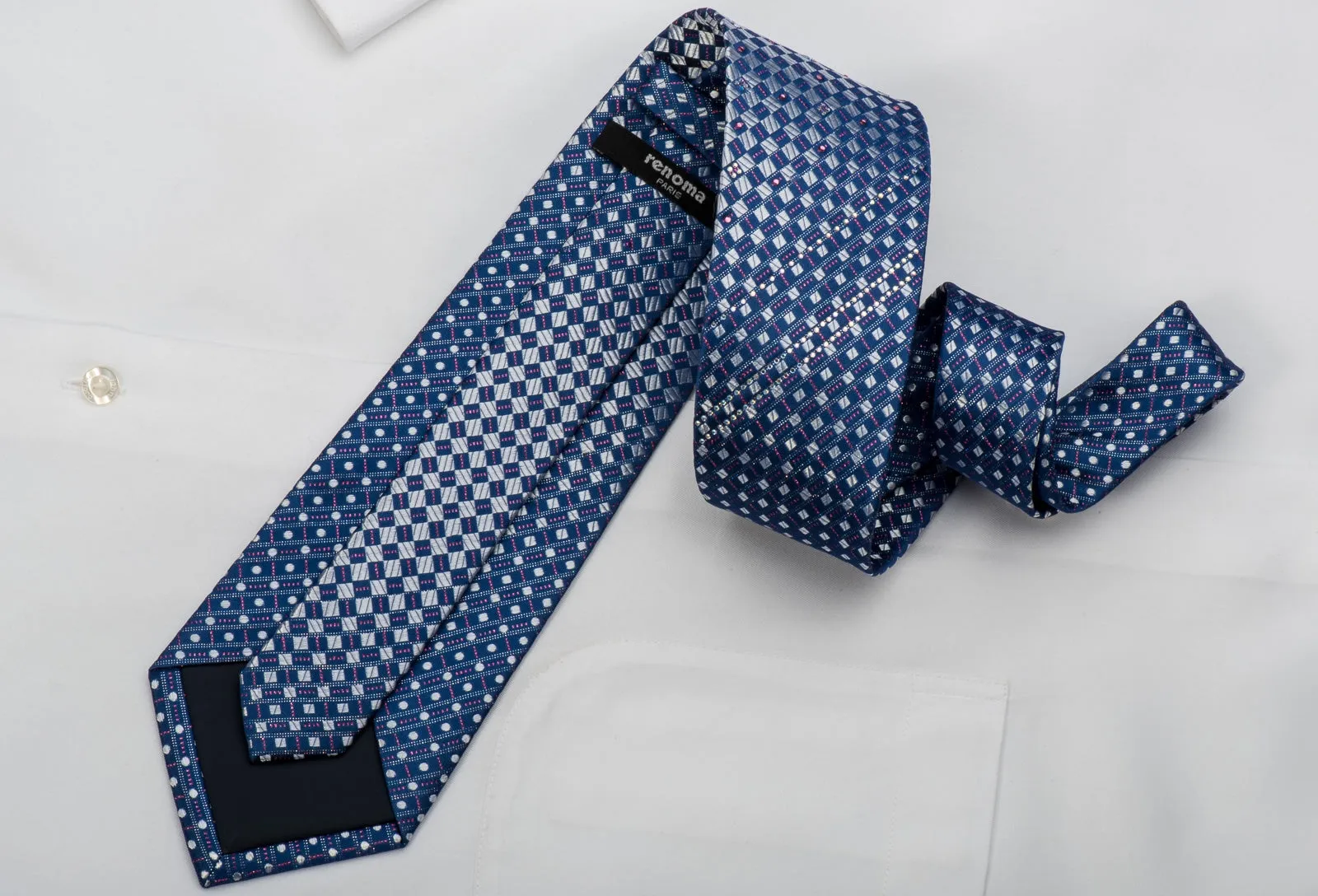 Renoma Rhinestone Silk Necktie Silver Checkered On Blue With Sparkles