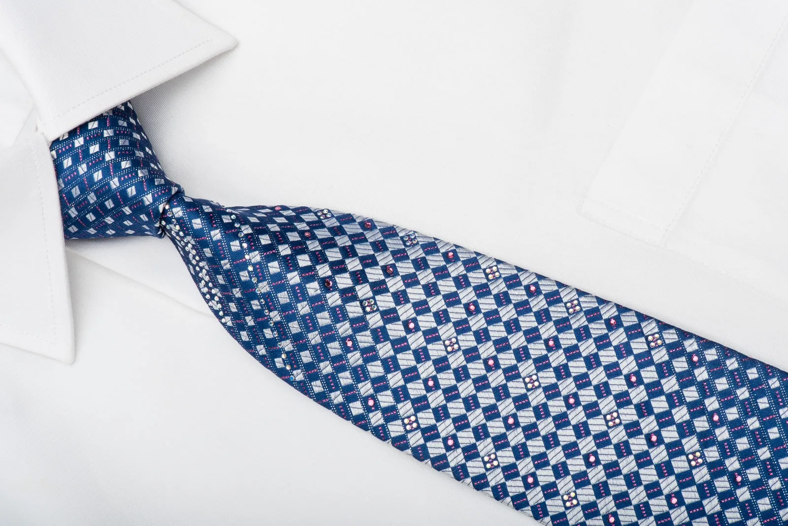 Renoma Rhinestone Silk Necktie Silver Checkered On Blue With Sparkles