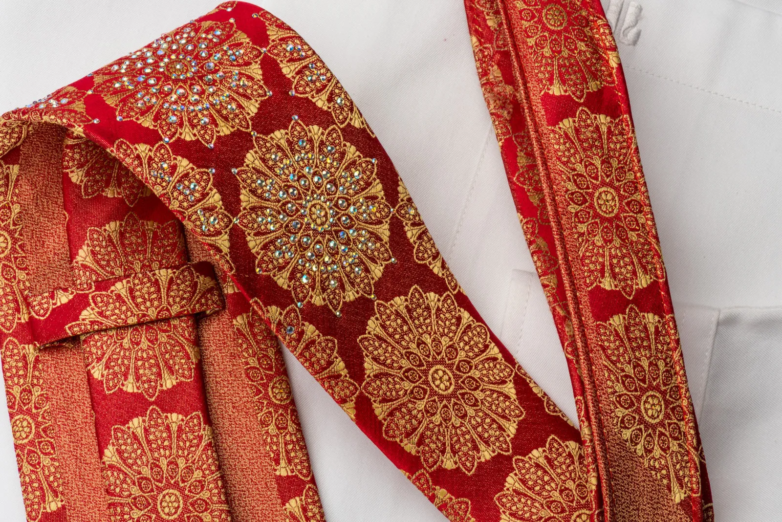 Renoma Silk Rhinestone Tie Golden Medallions On Red With Micro Silver Sparkles