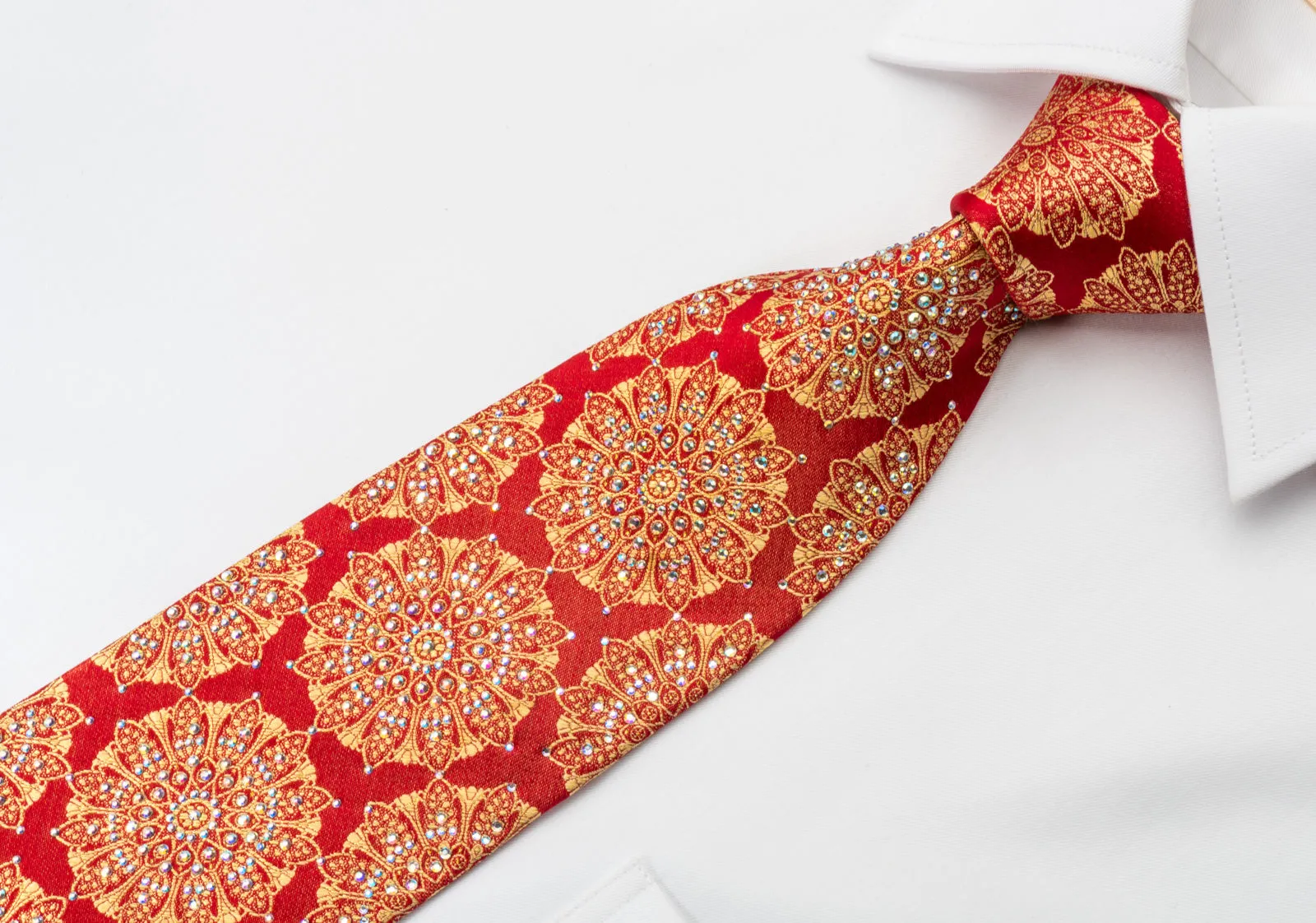 Renoma Silk Rhinestone Tie Golden Medallions On Red With Micro Silver Sparkles