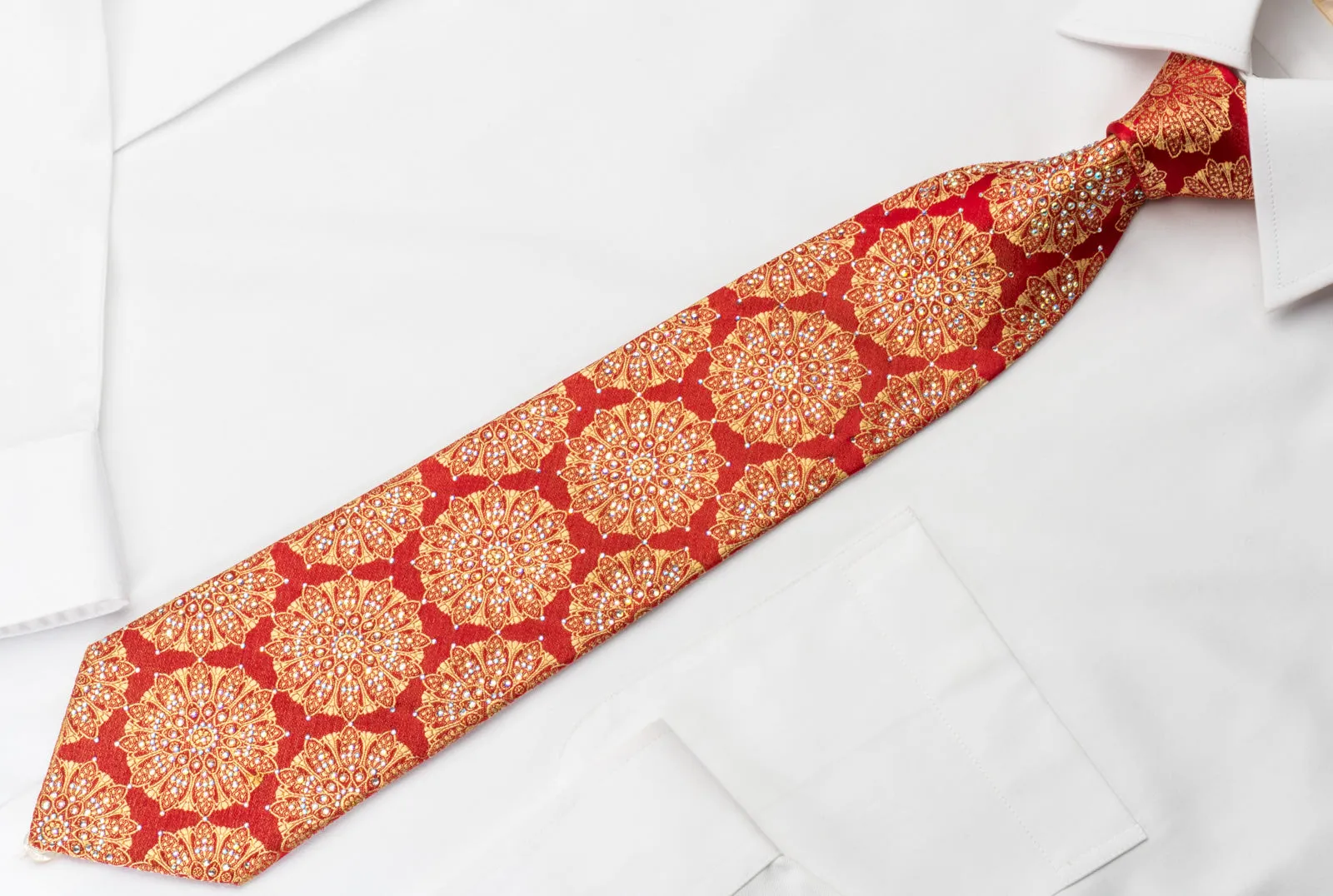 Renoma Silk Rhinestone Tie Golden Medallions On Red With Micro Silver Sparkles