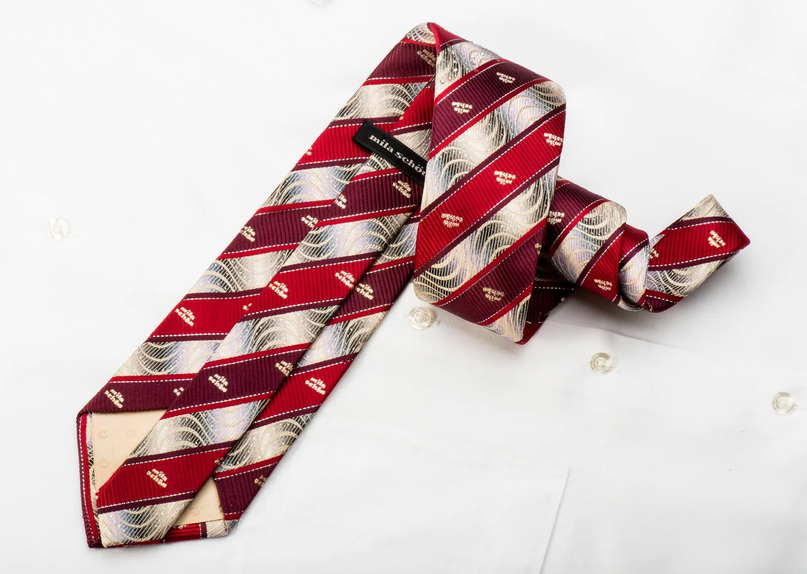 Rhinestone Tie Burgundy Red Striped On Silver With Sparkles