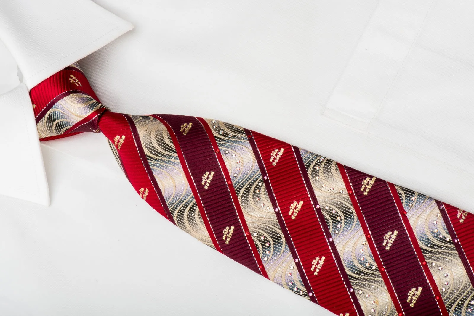 Rhinestone Tie Burgundy Red Striped On Silver With Sparkles