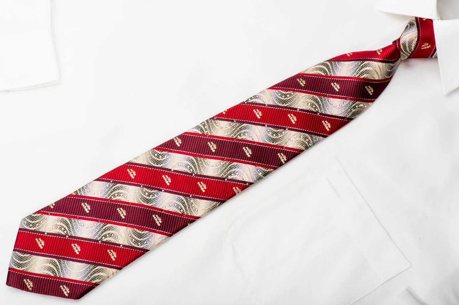 Rhinestone Tie Burgundy Red Striped On Silver With Sparkles