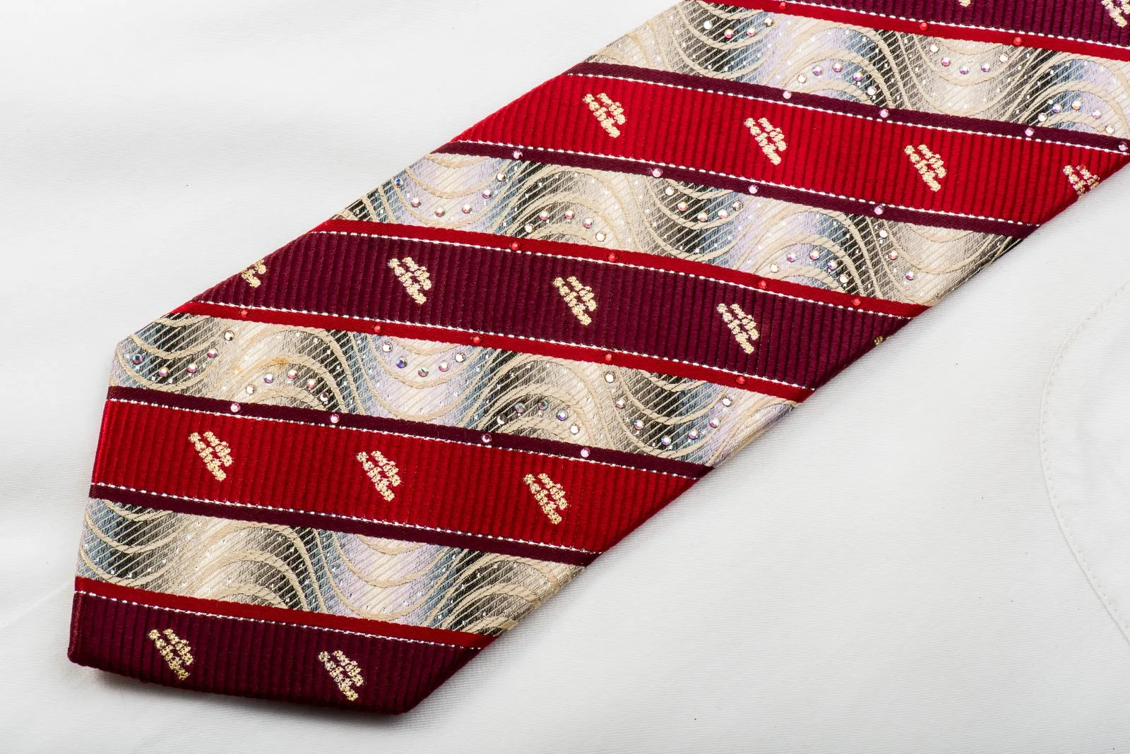 Rhinestone Tie Burgundy Red Striped On Silver With Sparkles
