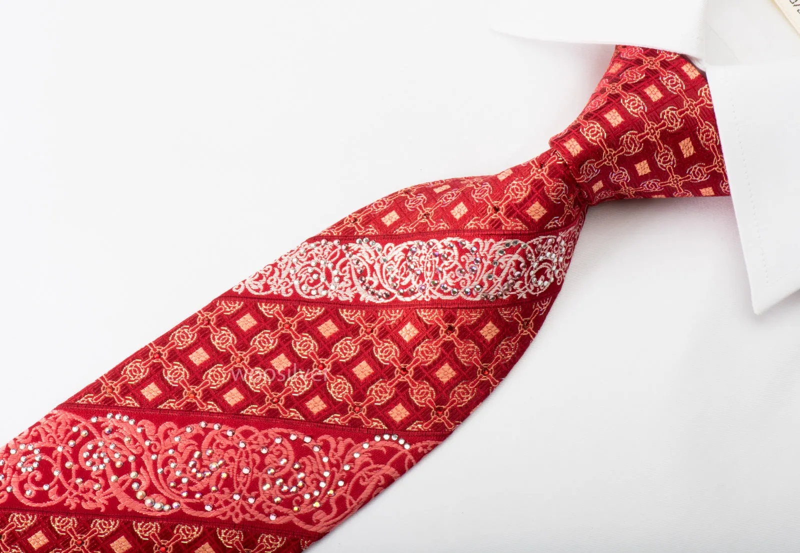 Roberta di Camerino Rhinestone Silk Necktie Trellis Filigree On Red With Silver Sparkles