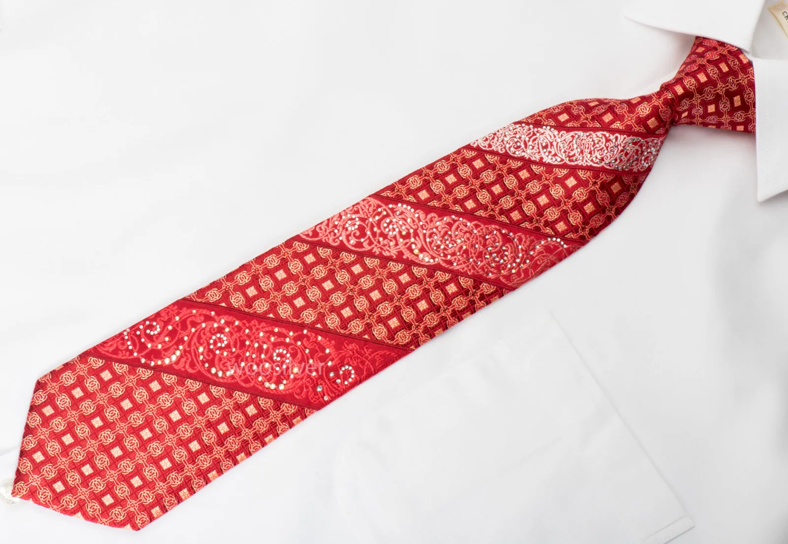 Roberta di Camerino Rhinestone Silk Necktie Trellis Filigree On Red With Silver Sparkles