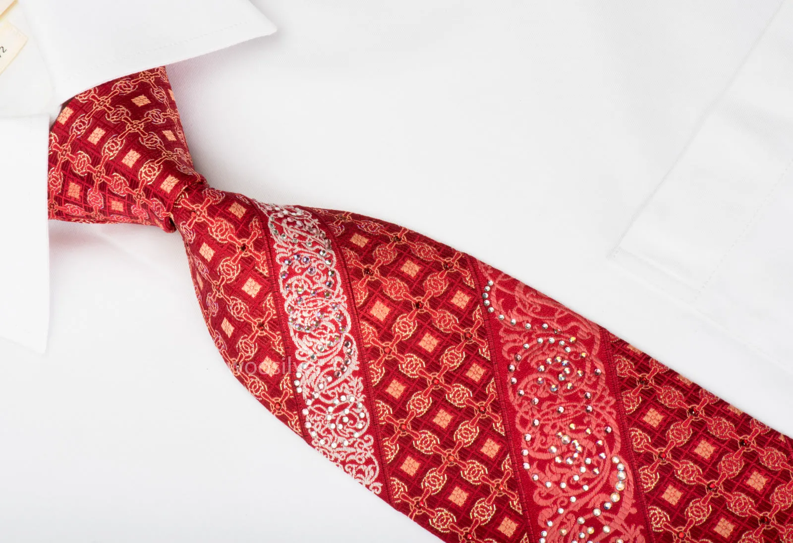 Roberta di Camerino Rhinestone Silk Necktie Trellis Filigree On Red With Silver Sparkles