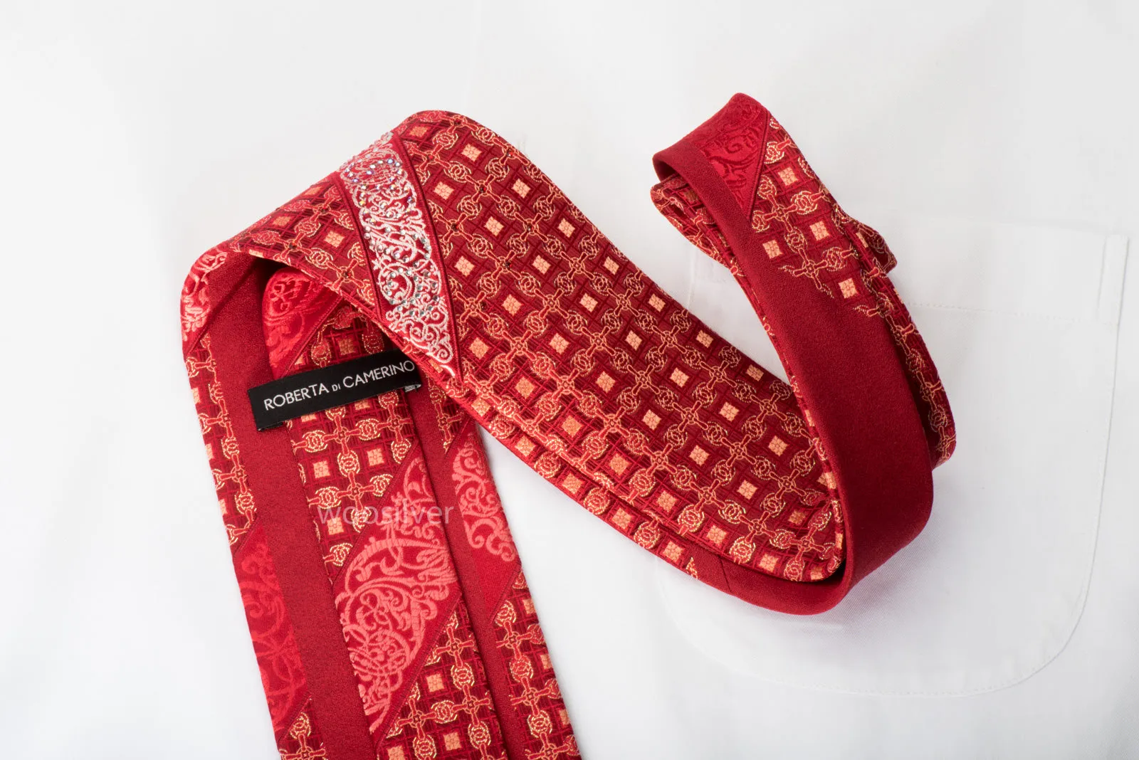 Roberta di Camerino Rhinestone Silk Necktie Trellis Filigree On Red With Silver Sparkles