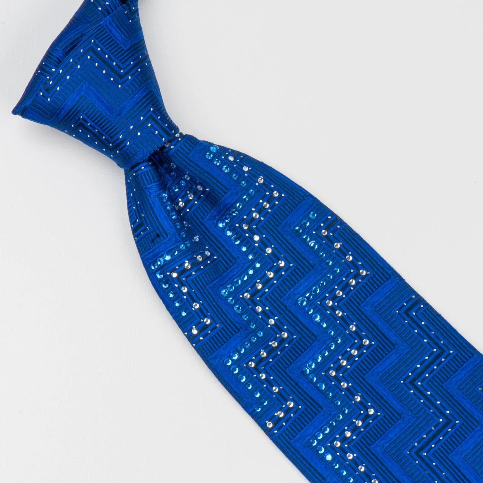 Roberta Di Camerino Silk Necktie Woven Chevron Design On Blue With Rhinestones