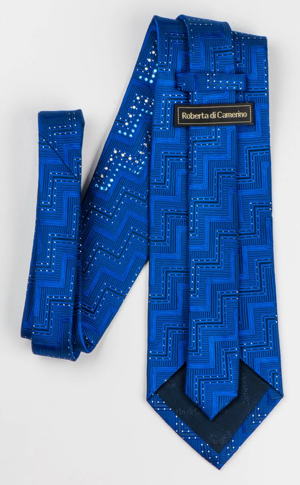 Roberta Di Camerino Silk Necktie Woven Chevron Design On Blue With Rhinestones