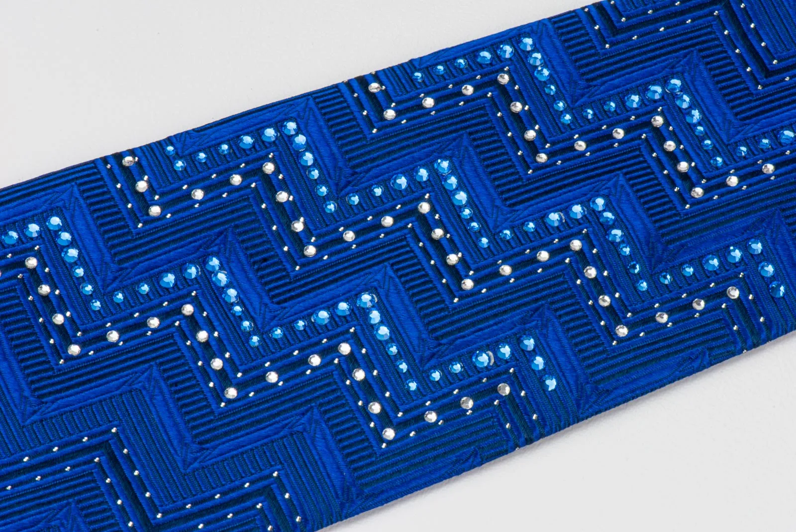 Roberta Di Camerino Silk Necktie Woven Chevron Design On Blue With Rhinestones