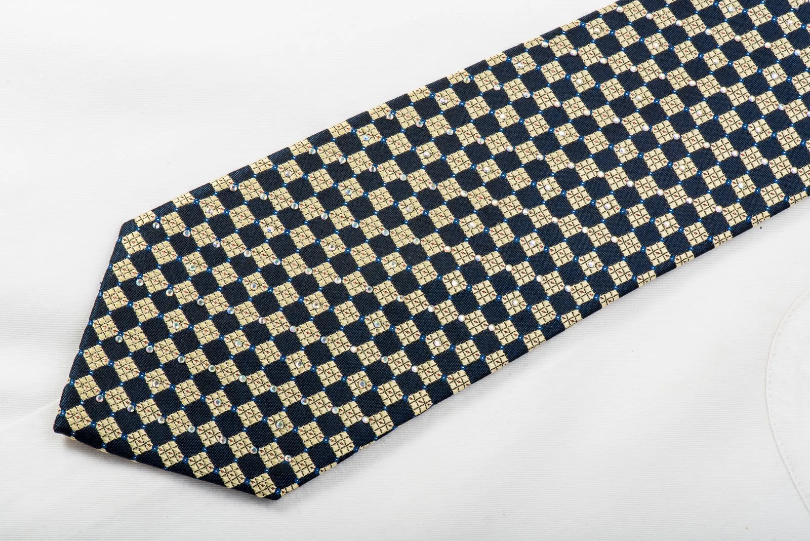 Rogatis Rhinestone Necktie Gold Navy Checkered With Sparkles