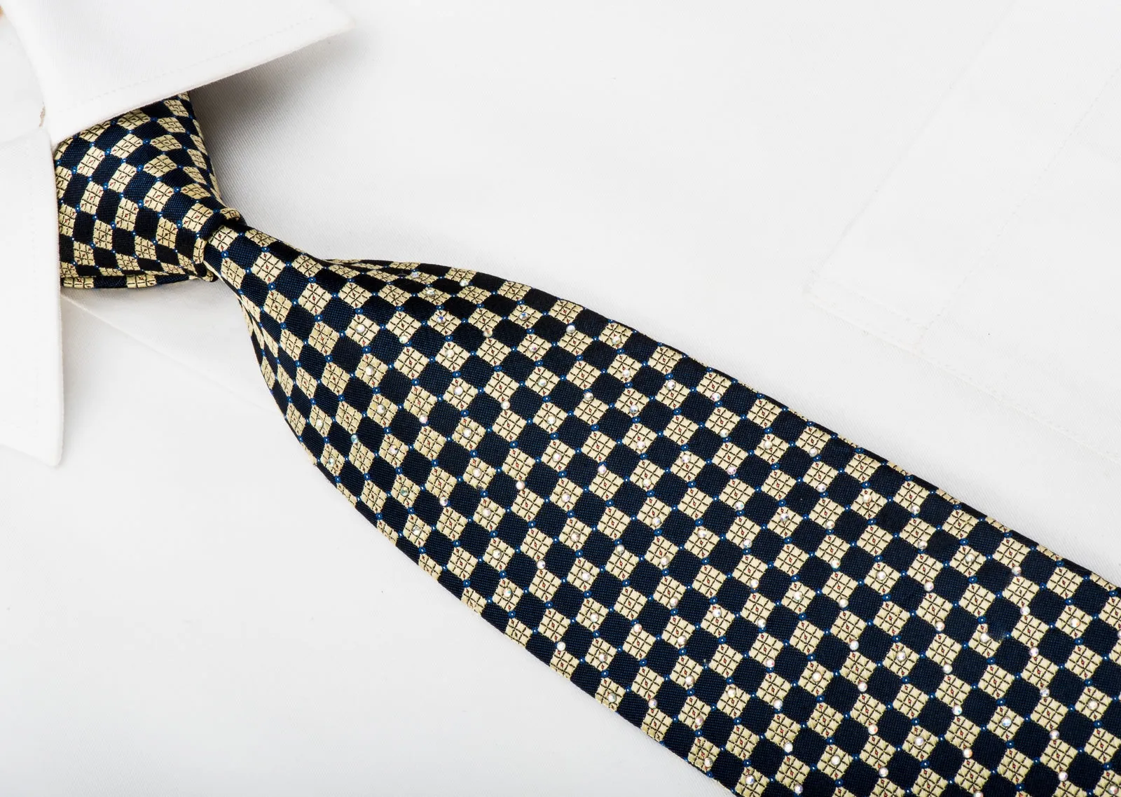 Rogatis Rhinestone Necktie Gold Navy Checkered With Sparkles