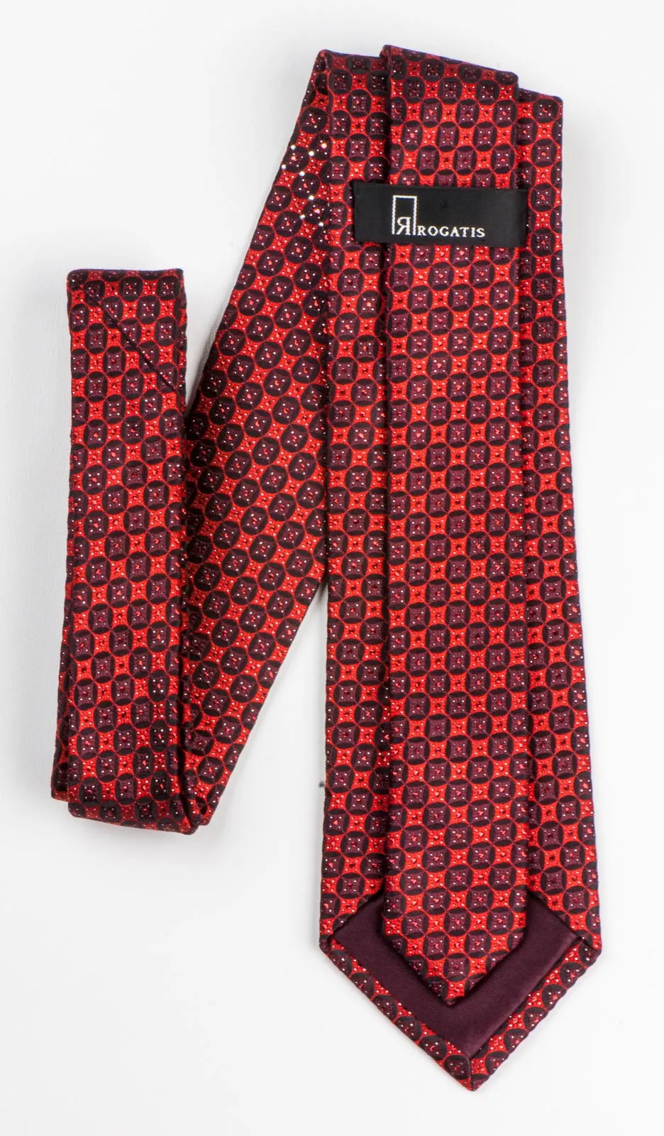 Rogatis Silk Neck Tie With Rhinestones Geometric Dots On Red With Red Sparkles