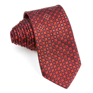 Rogatis Silk Neck Tie With Rhinestones Geometric Dots On Red With Red Sparkles
