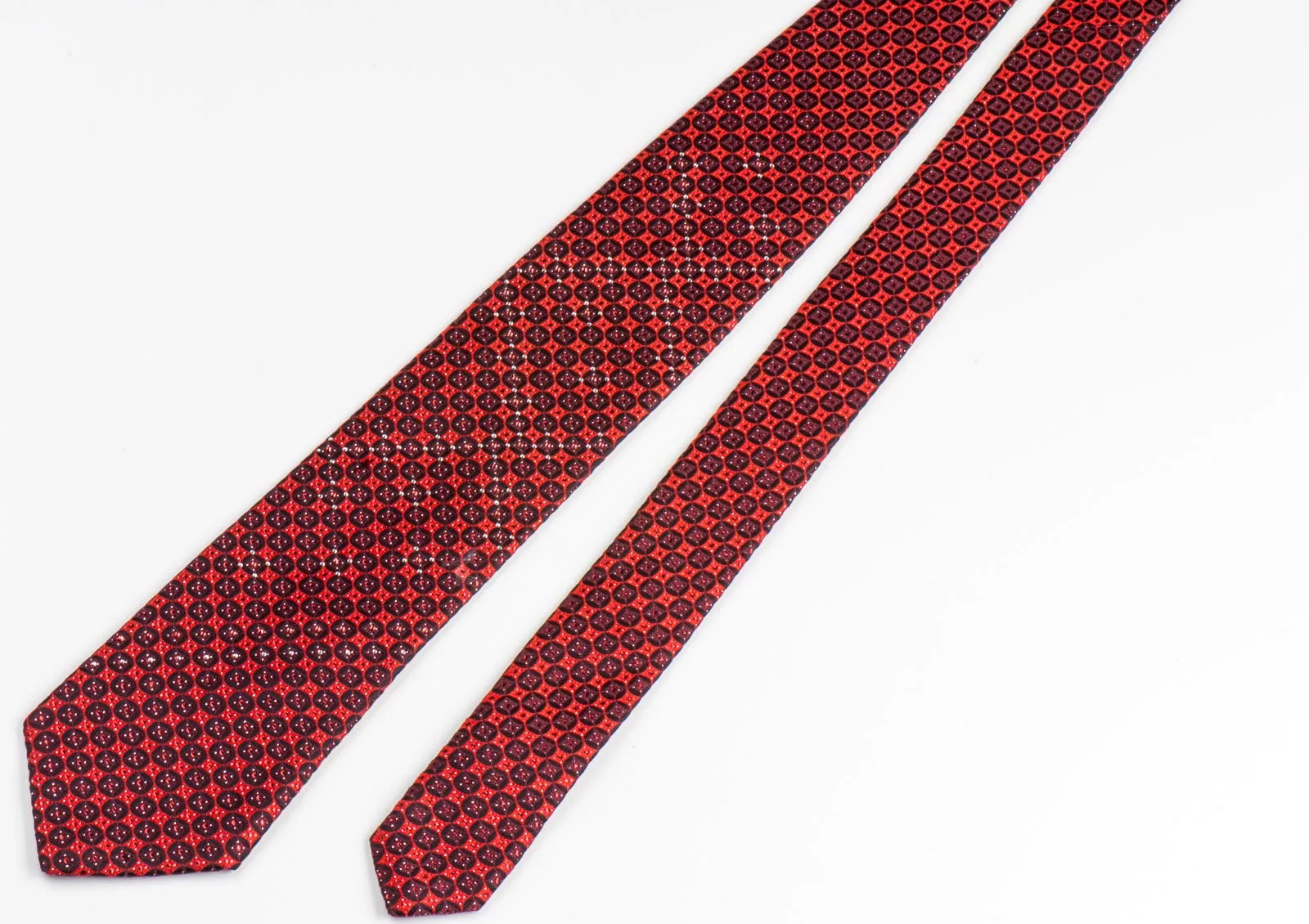 Rogatis Silk Neck Tie With Rhinestones Geometric Dots On Red With Red Sparkles