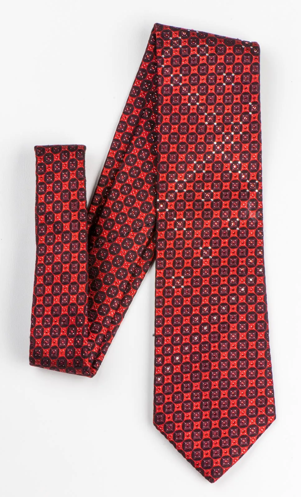 Rogatis Silk Neck Tie With Rhinestones Geometric Dots On Red With Red Sparkles