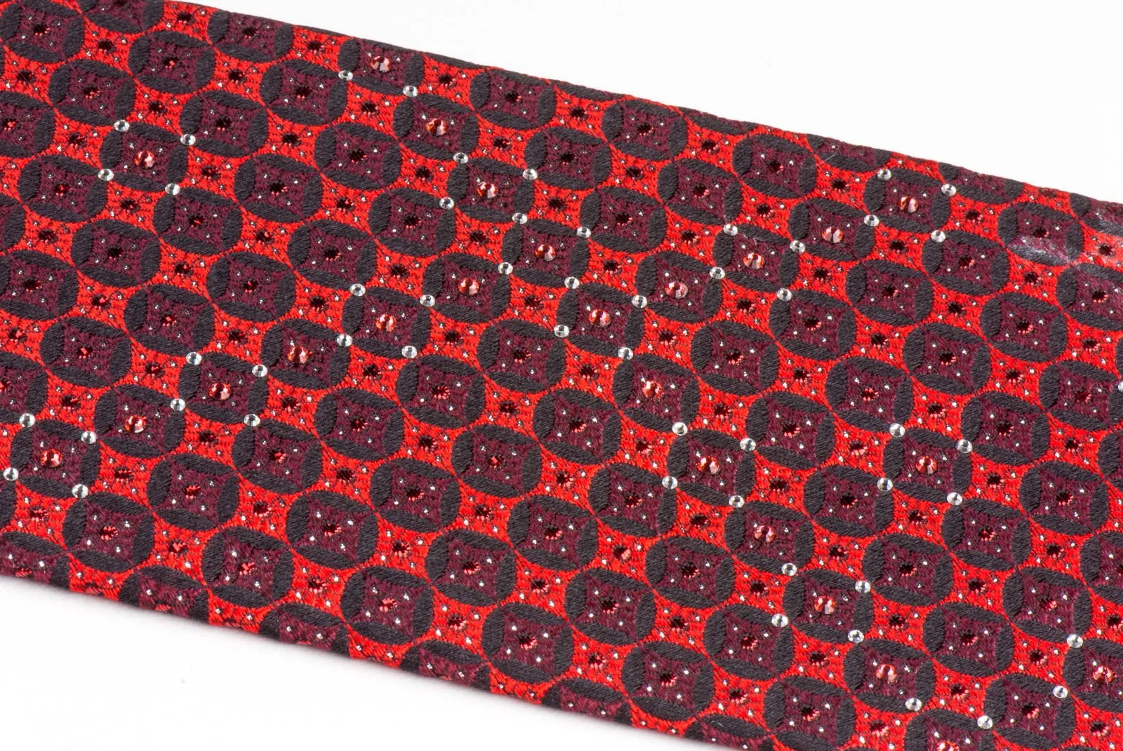 Rogatis Silk Neck Tie With Rhinestones Geometric Dots On Red With Red Sparkles
