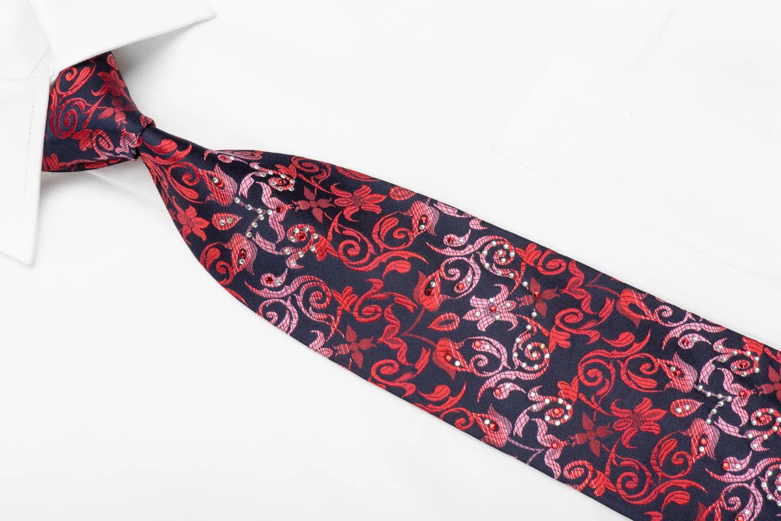 Rogers Dail Men's Crystal Silk Necktie Red Acanthus On Navy Sparkling With Rhinestones
