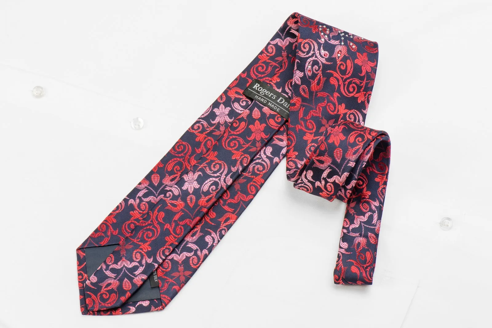 Rogers Dail Men's Crystal Silk Necktie Red Acanthus On Navy Sparkling With Rhinestones