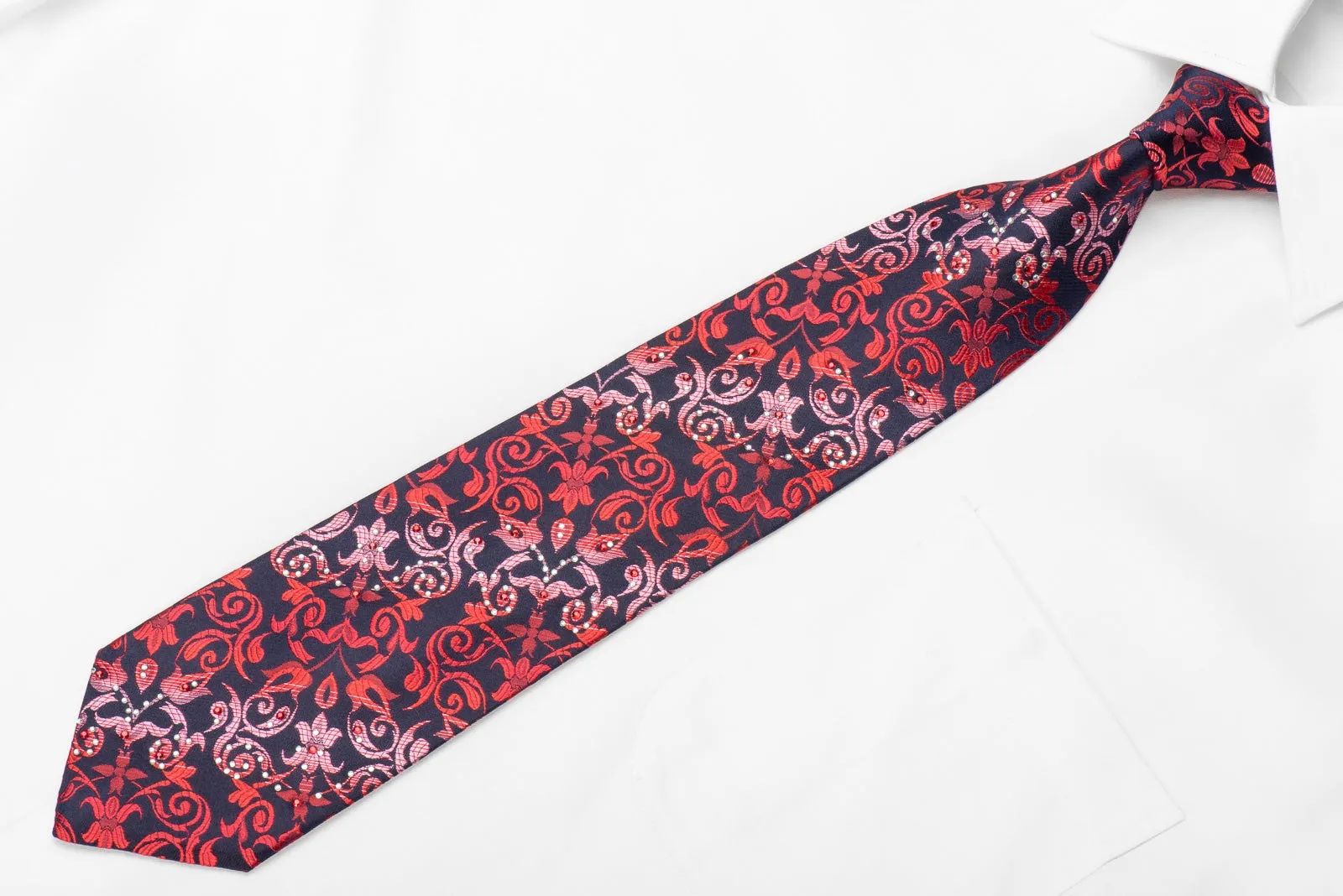 Rogers Dail Men's Crystal Silk Necktie Red Acanthus On Navy Sparkling With Rhinestones
