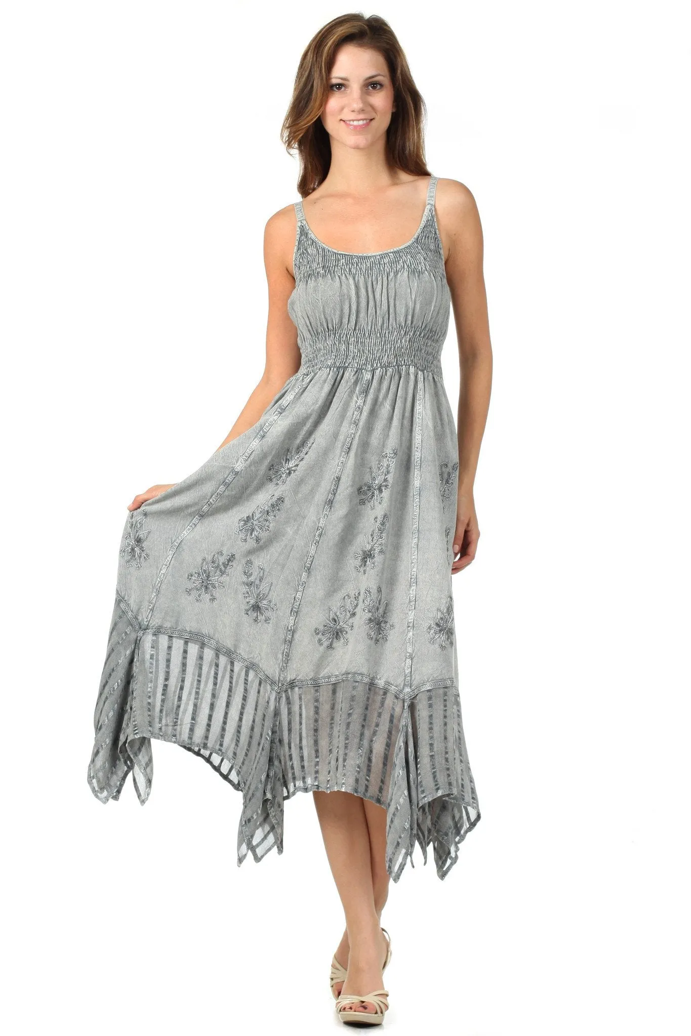 Sakkas Stonewashed Empire Waist Simple Floral Striped Crepe Handkerchief Hem Dress