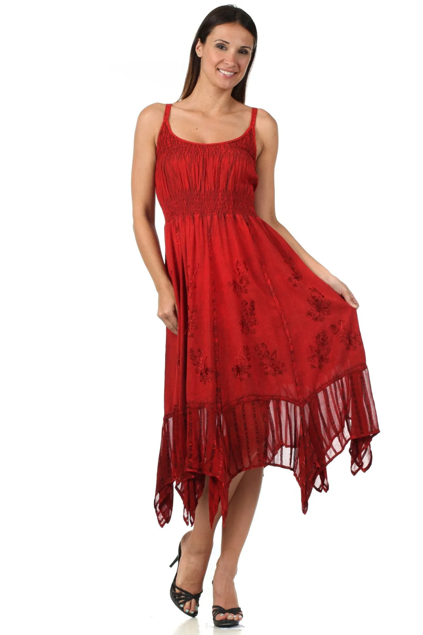 Sakkas Stonewashed Empire Waist Simple Floral Striped Crepe Handkerchief Hem Dress