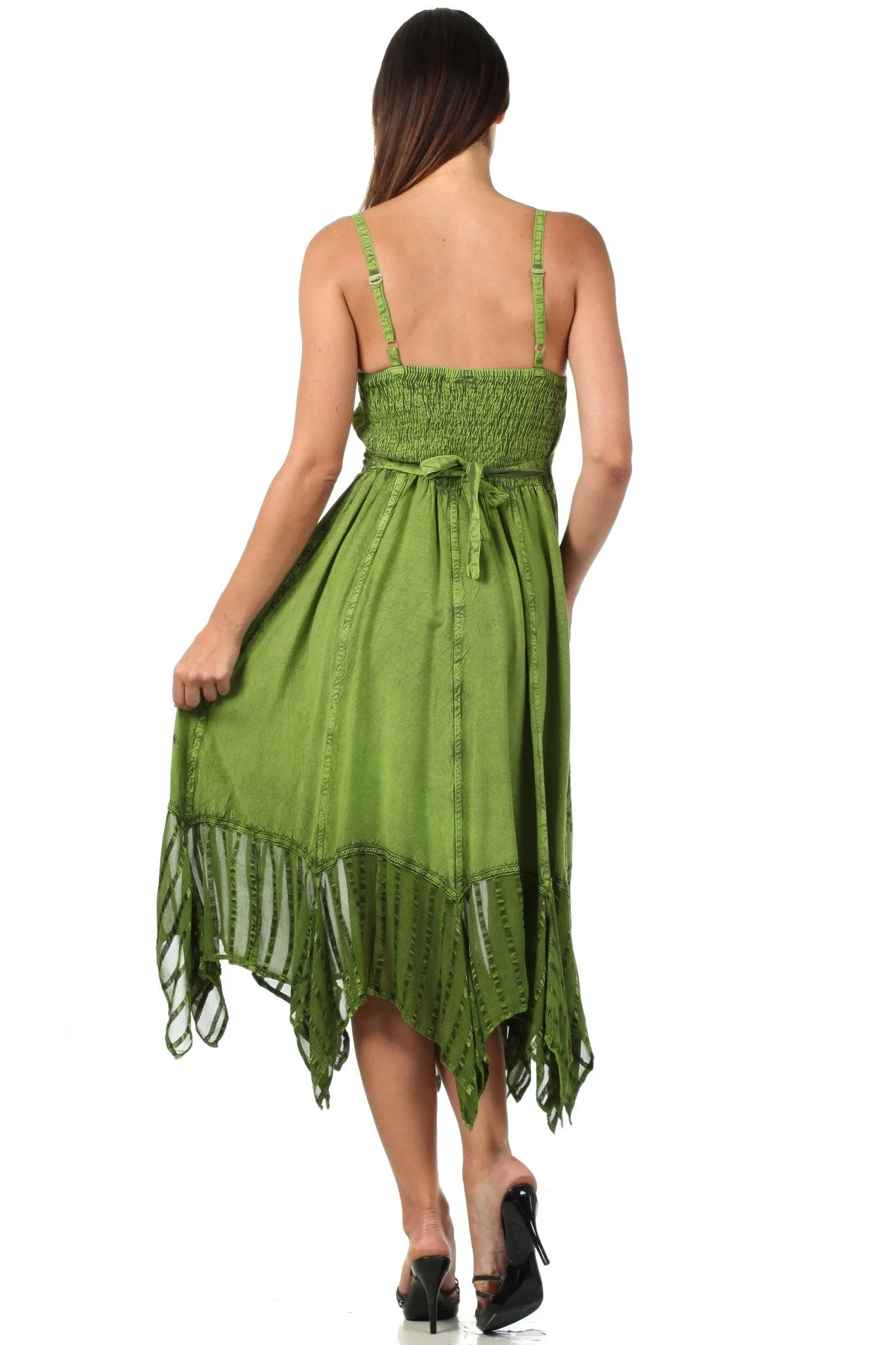 Sakkas Stonewashed Empire Waist Simple Floral Striped Crepe Handkerchief Hem Dress