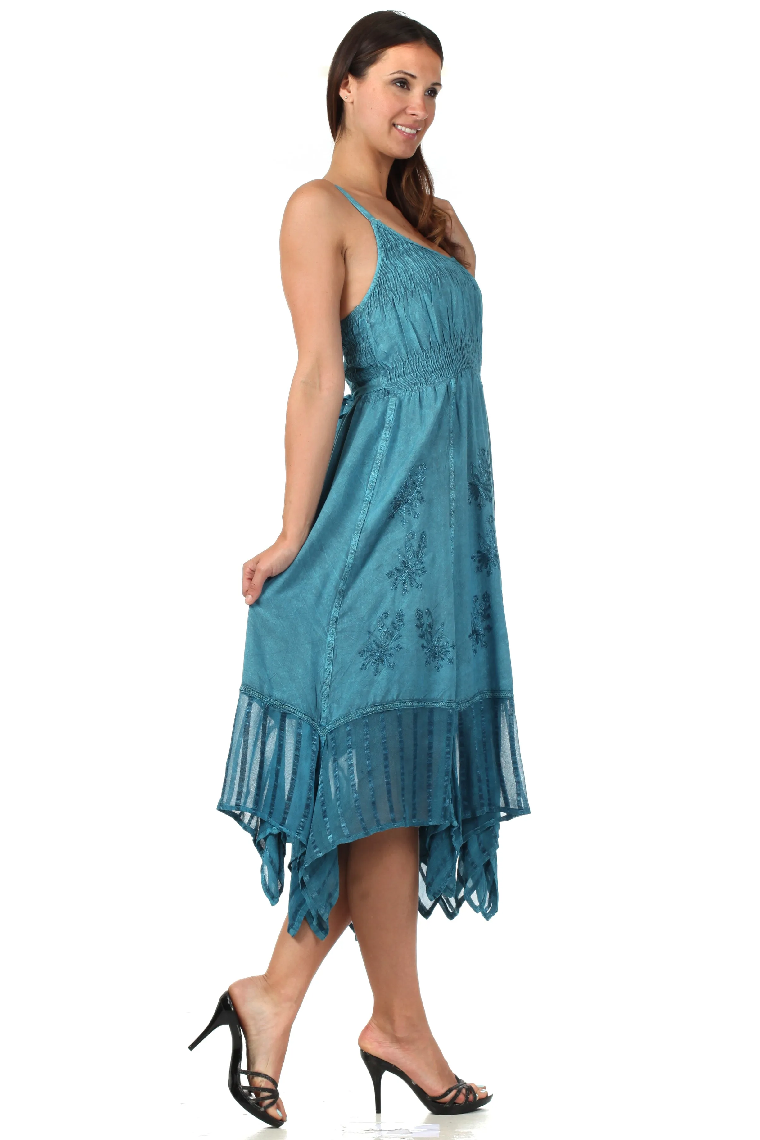 Sakkas Stonewashed Empire Waist Simple Floral Striped Crepe Handkerchief Hem Dress