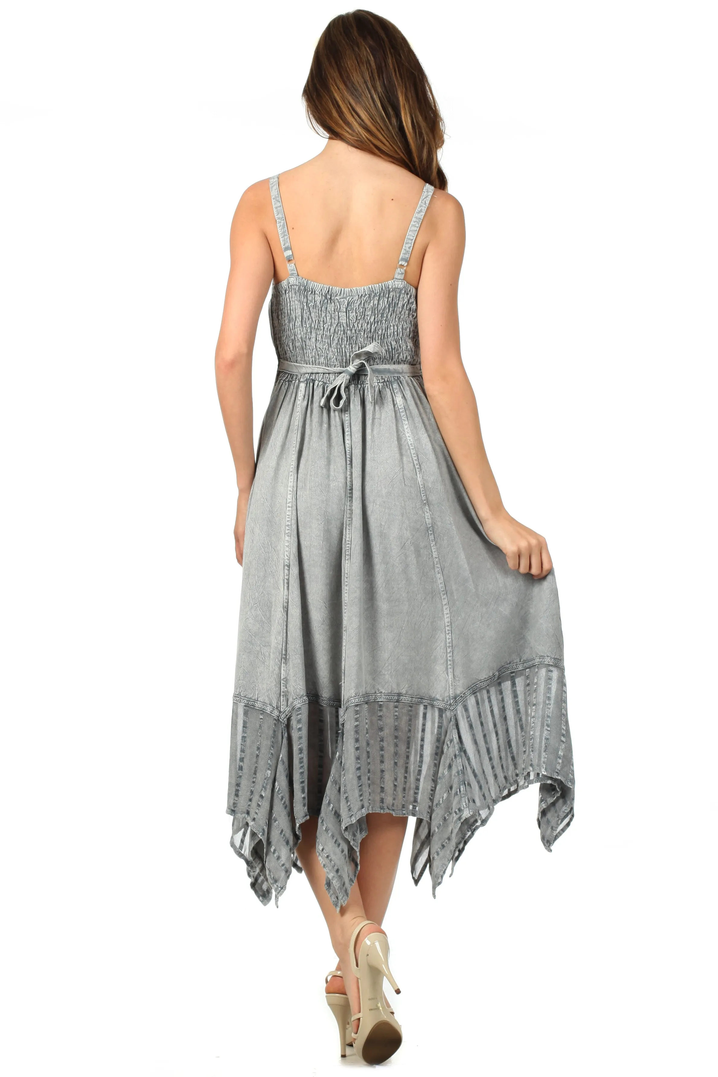 Sakkas Stonewashed Empire Waist Simple Floral Striped Crepe Handkerchief Hem Dress