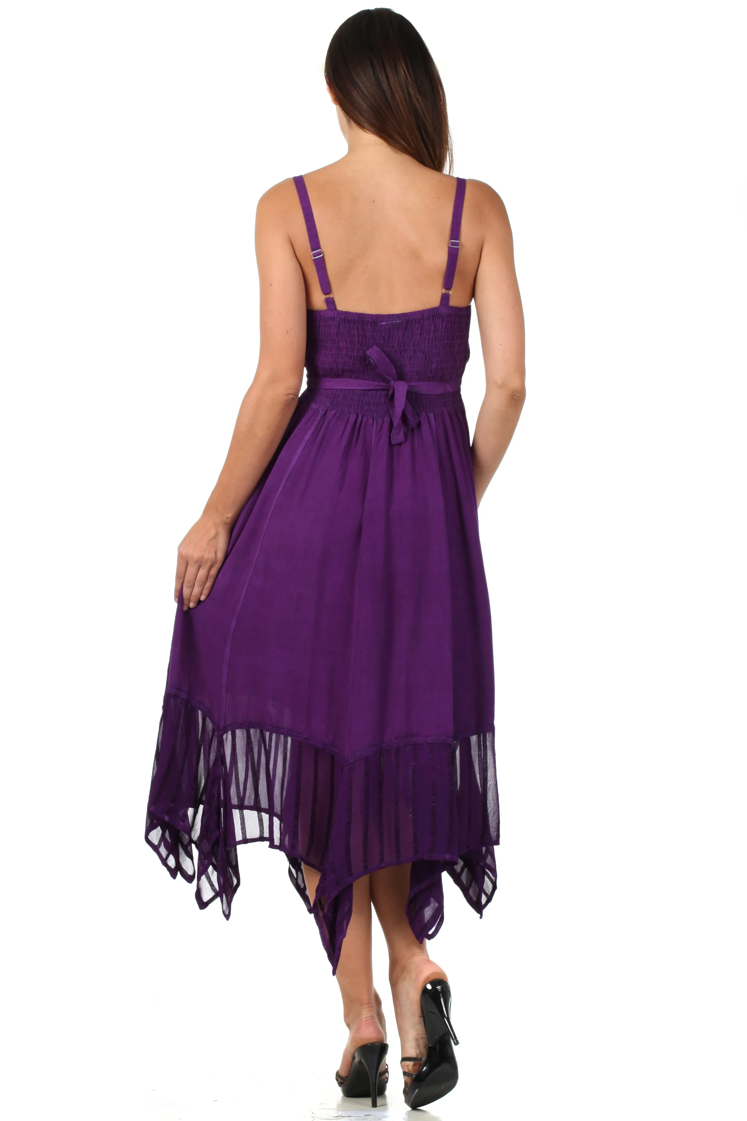 Sakkas Stonewashed Empire Waist Simple Floral Striped Crepe Handkerchief Hem Dress
