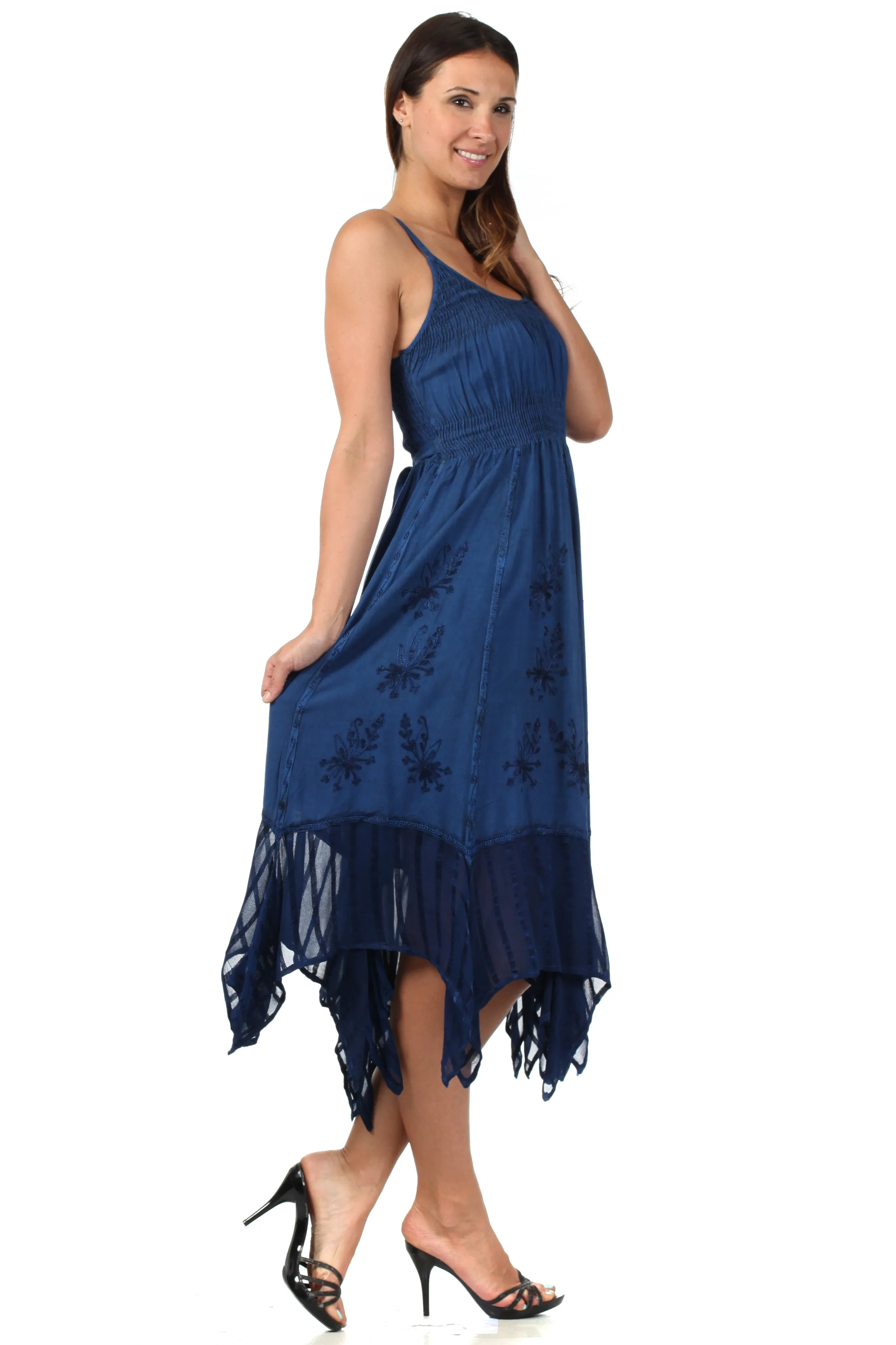 Sakkas Stonewashed Empire Waist Simple Floral Striped Crepe Handkerchief Hem Dress