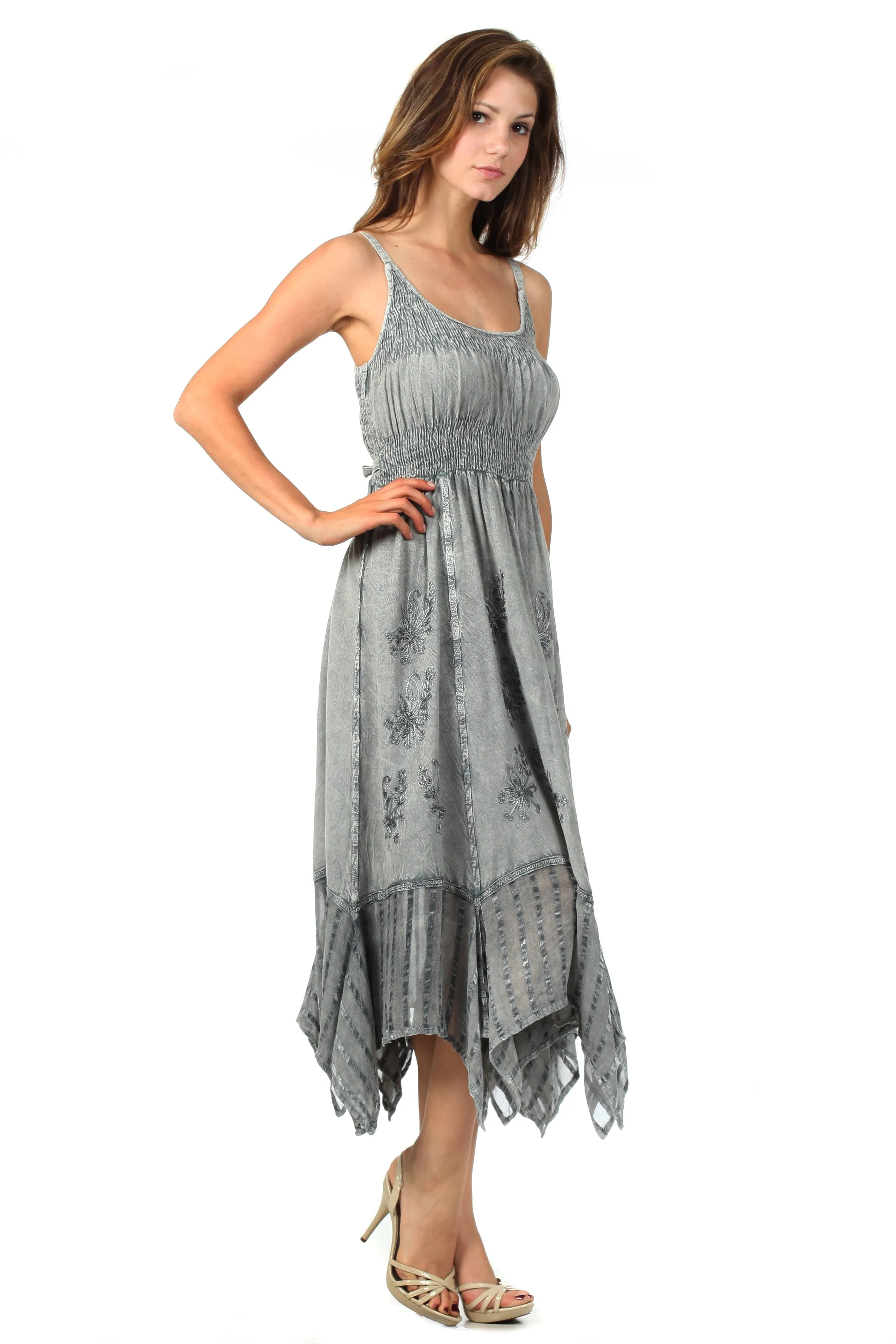 Sakkas Stonewashed Empire Waist Simple Floral Striped Crepe Handkerchief Hem Dress