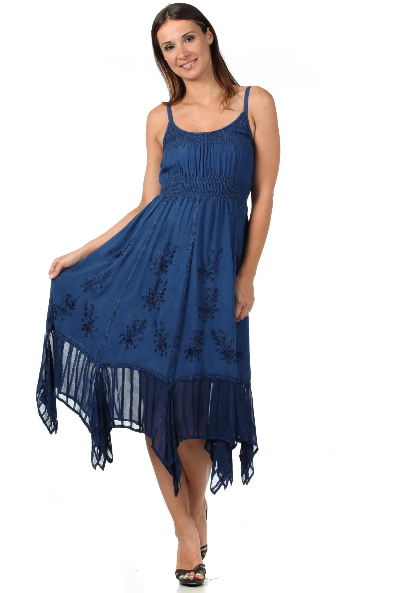 Sakkas Stonewashed Empire Waist Simple Floral Striped Crepe Handkerchief Hem Dress