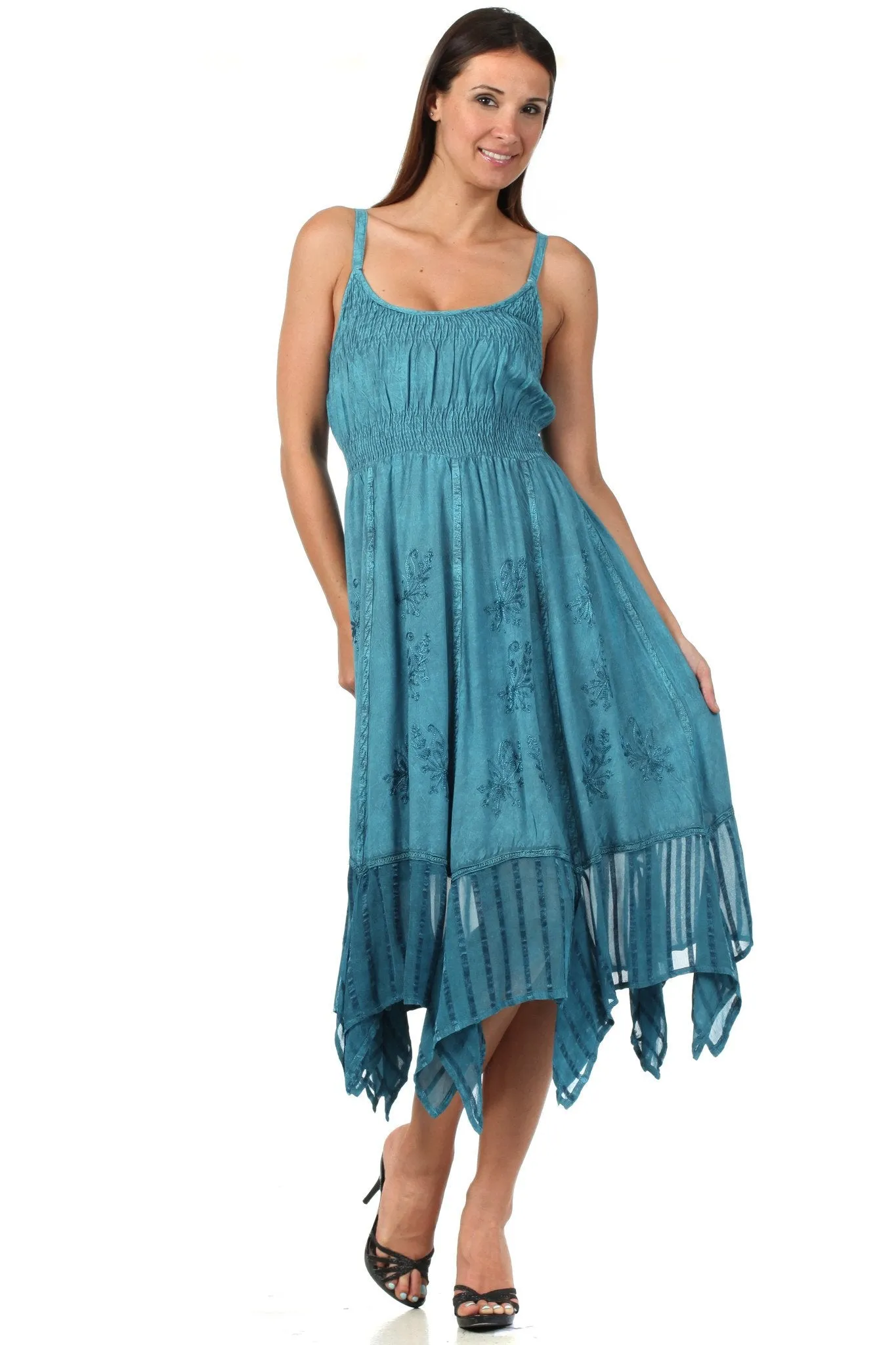 Sakkas Stonewashed Empire Waist Simple Floral Striped Crepe Handkerchief Hem Dress