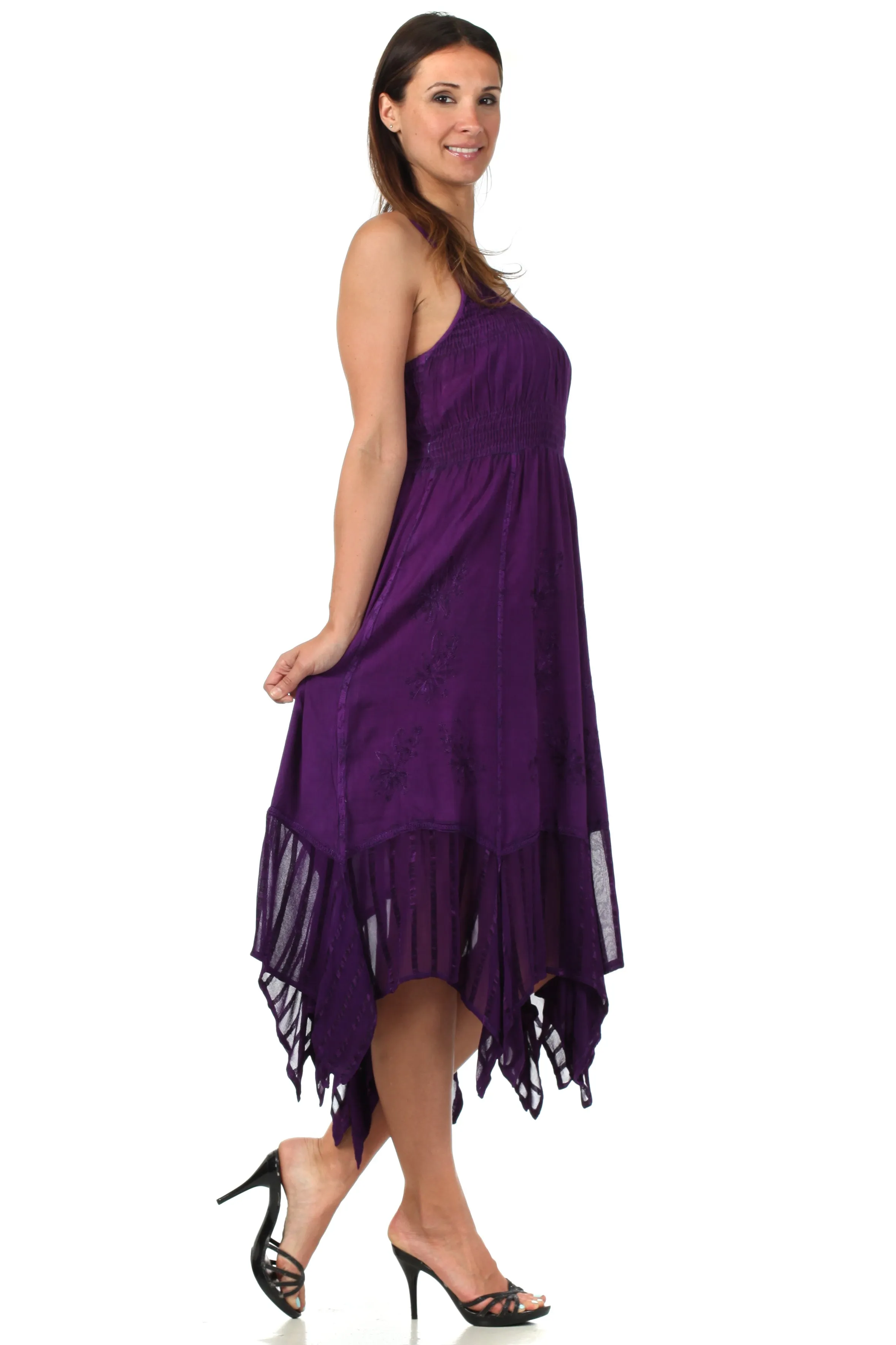 Sakkas Stonewashed Empire Waist Simple Floral Striped Crepe Handkerchief Hem Dress