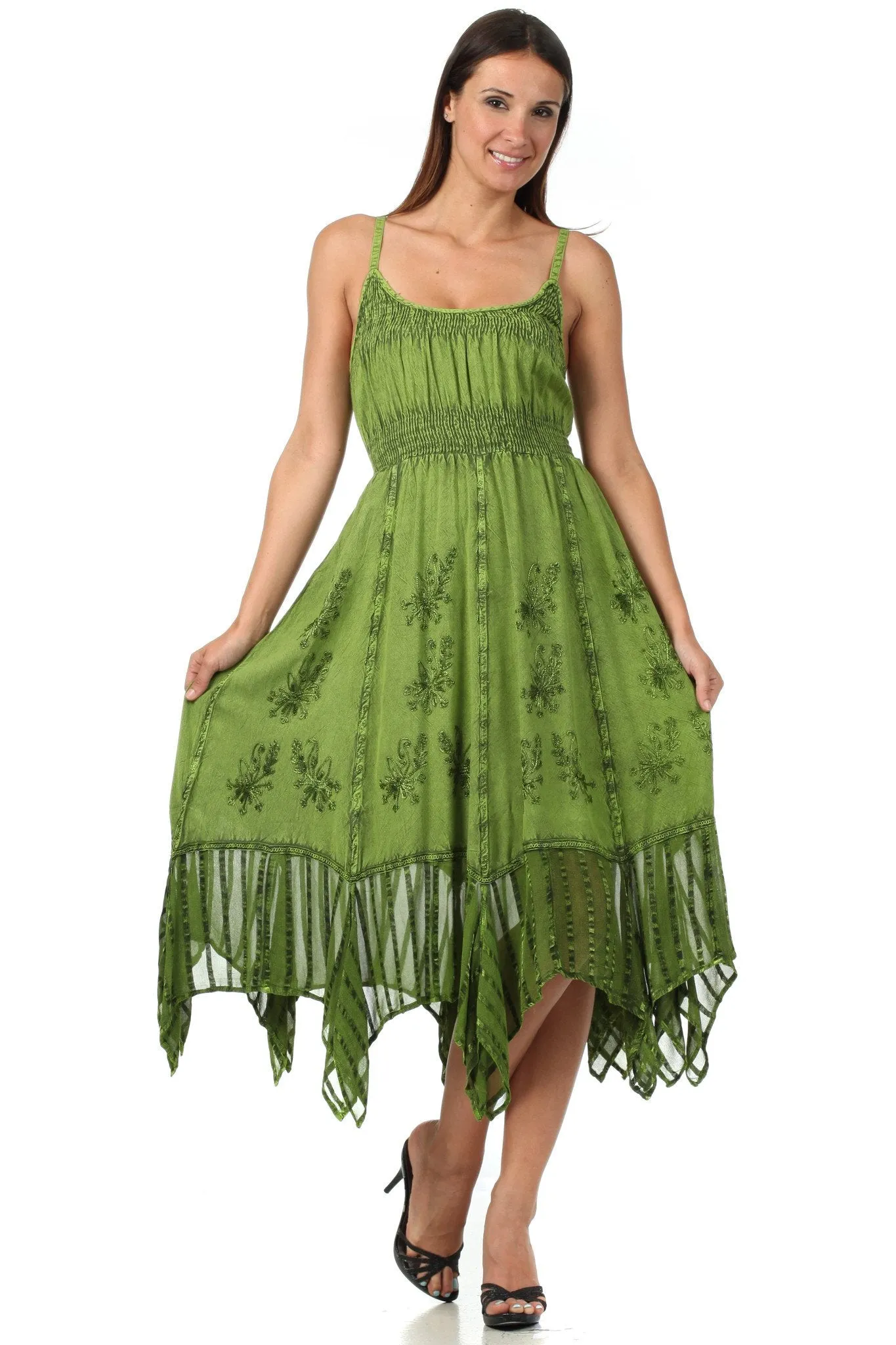 Sakkas Stonewashed Empire Waist Simple Floral Striped Crepe Handkerchief Hem Dress