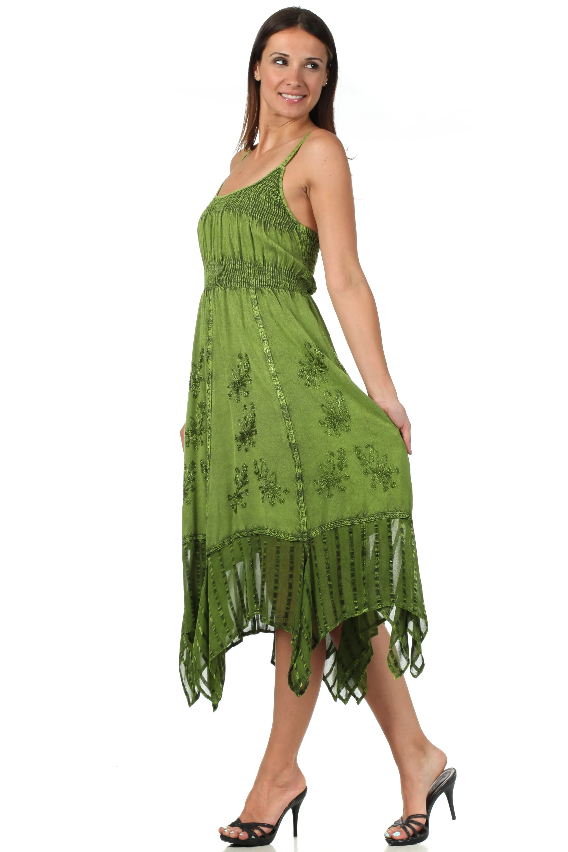 Sakkas Stonewashed Empire Waist Simple Floral Striped Crepe Handkerchief Hem Dress