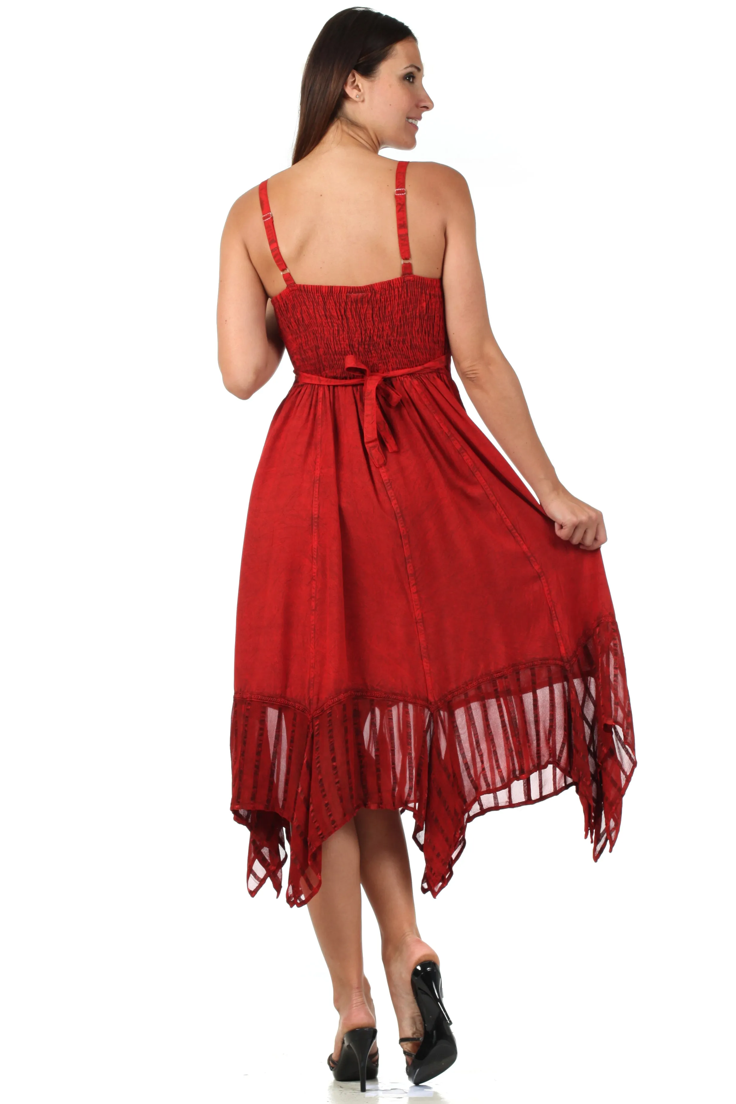 Sakkas Stonewashed Empire Waist Simple Floral Striped Crepe Handkerchief Hem Dress