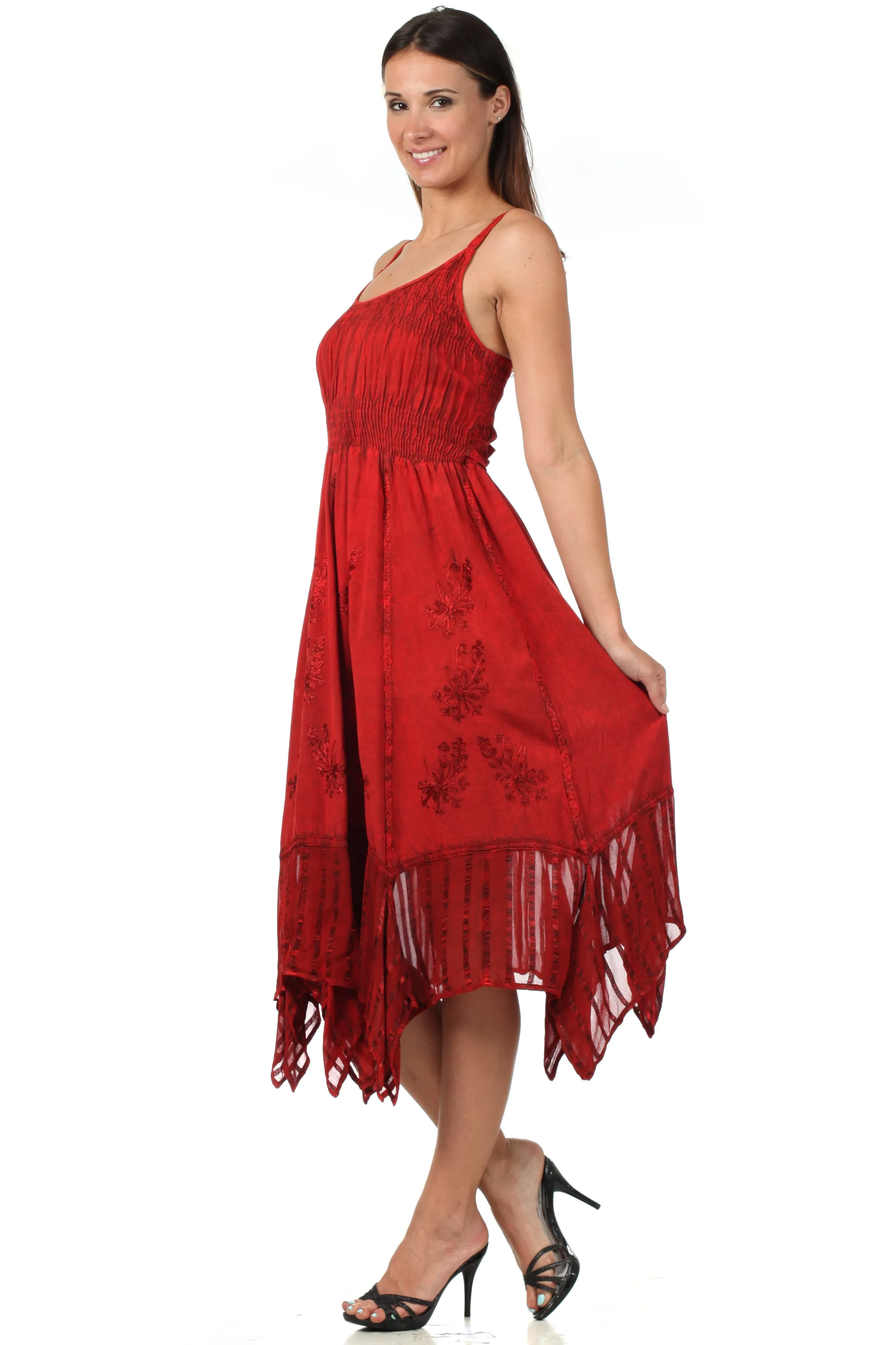 Sakkas Stonewashed Empire Waist Simple Floral Striped Crepe Handkerchief Hem Dress