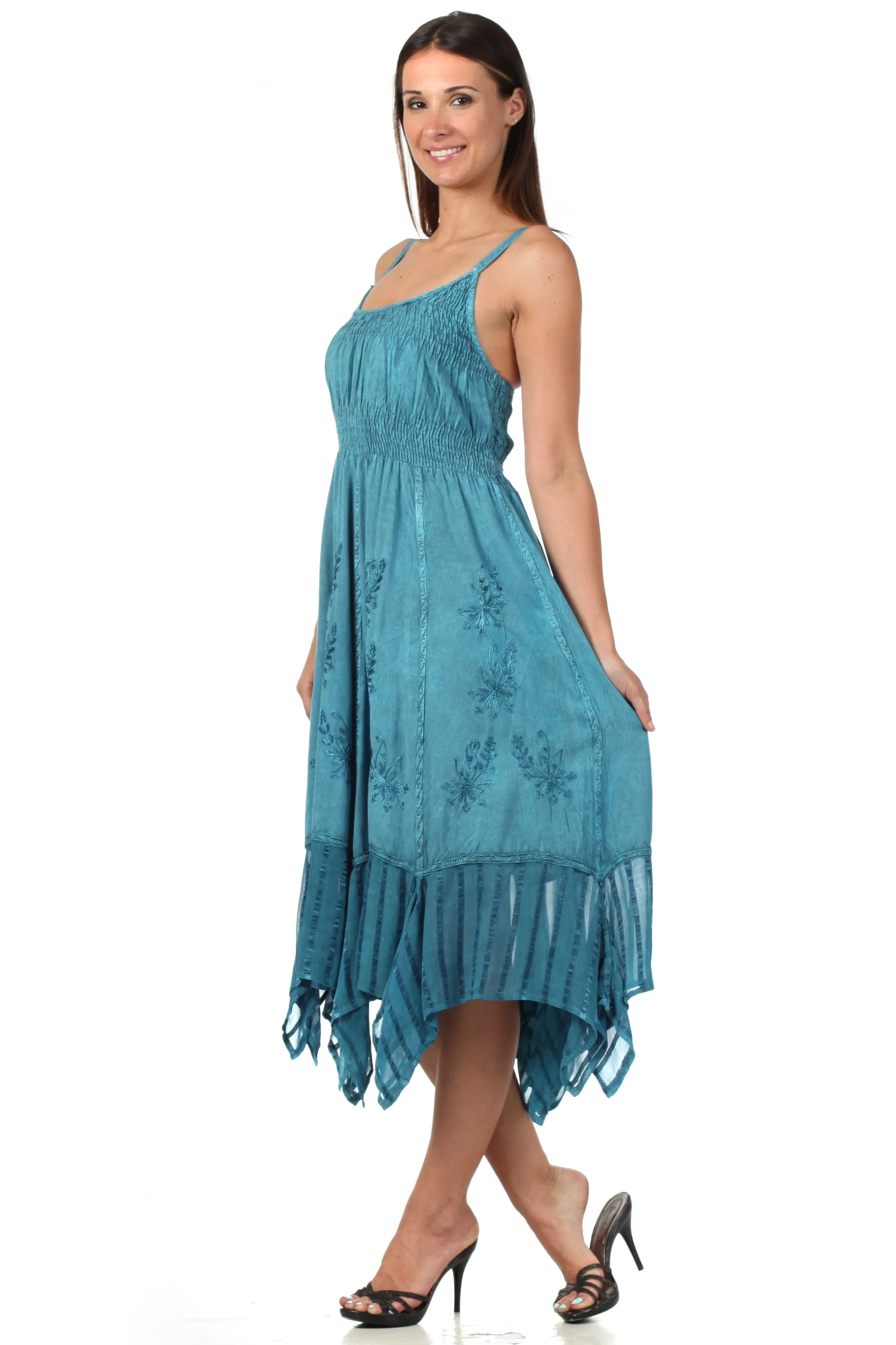 Sakkas Stonewashed Empire Waist Simple Floral Striped Crepe Handkerchief Hem Dress