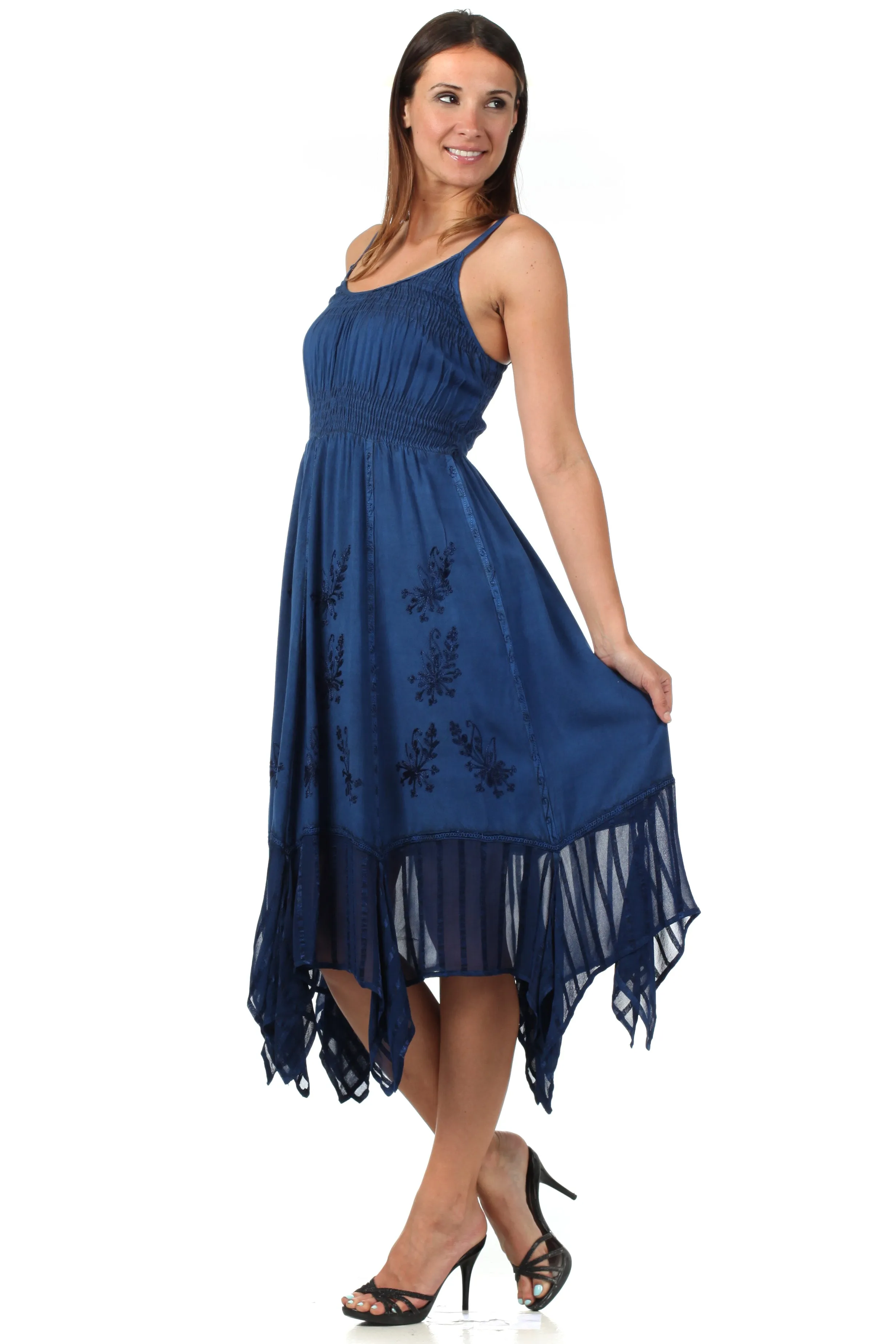 Sakkas Stonewashed Empire Waist Simple Floral Striped Crepe Handkerchief Hem Dress