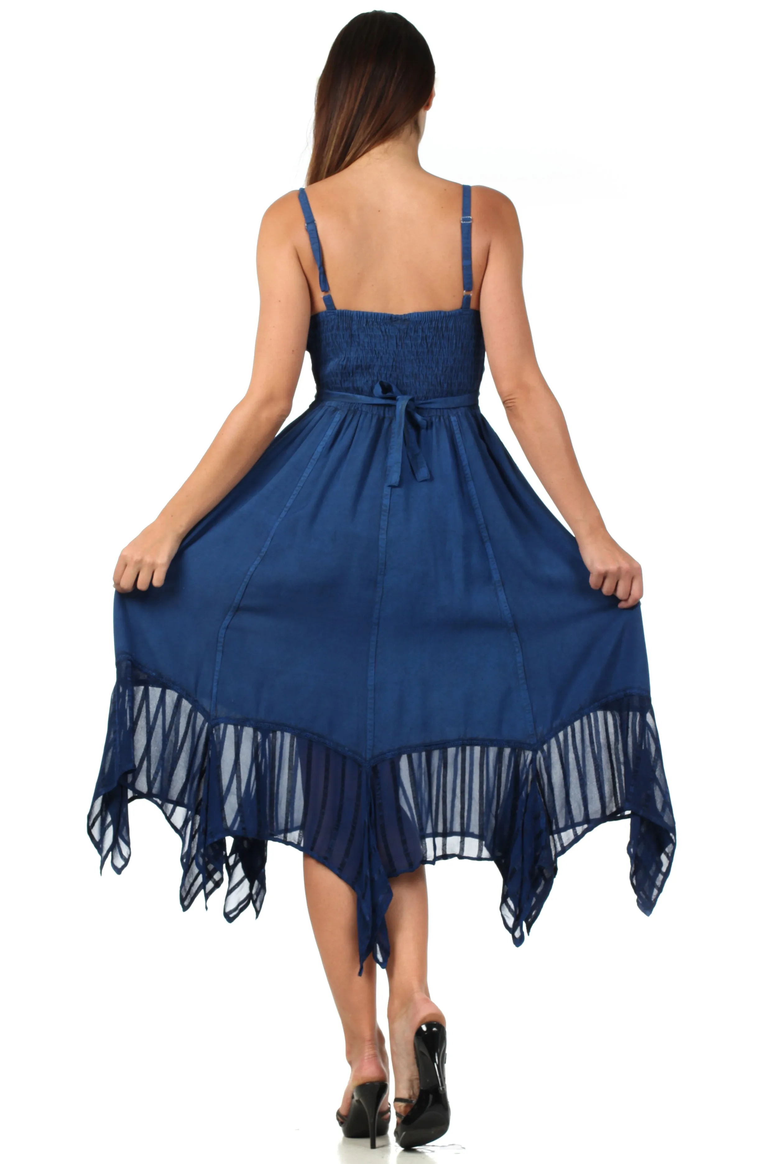 Sakkas Stonewashed Empire Waist Simple Floral Striped Crepe Handkerchief Hem Dress