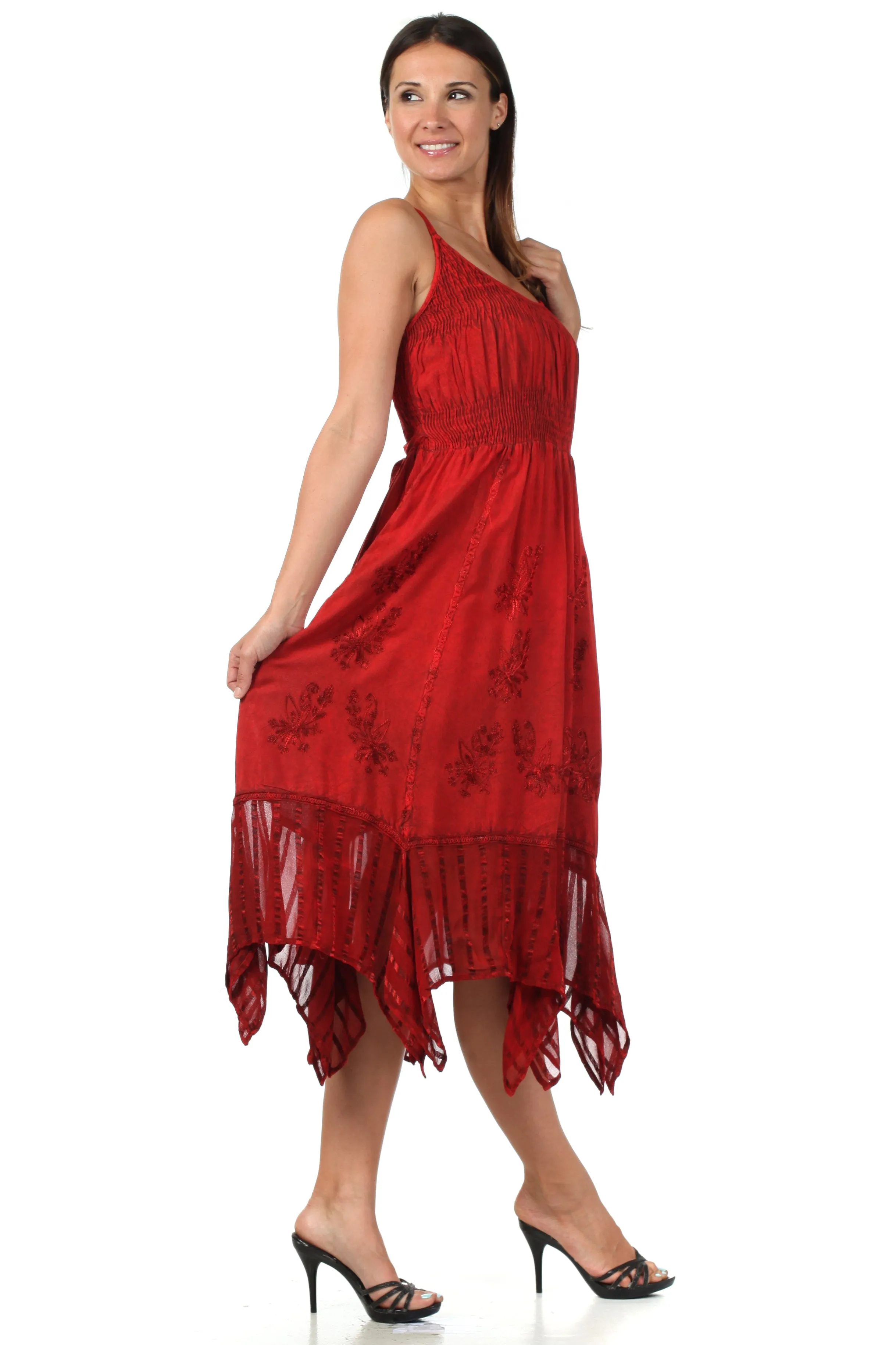Sakkas Stonewashed Empire Waist Simple Floral Striped Crepe Handkerchief Hem Dress