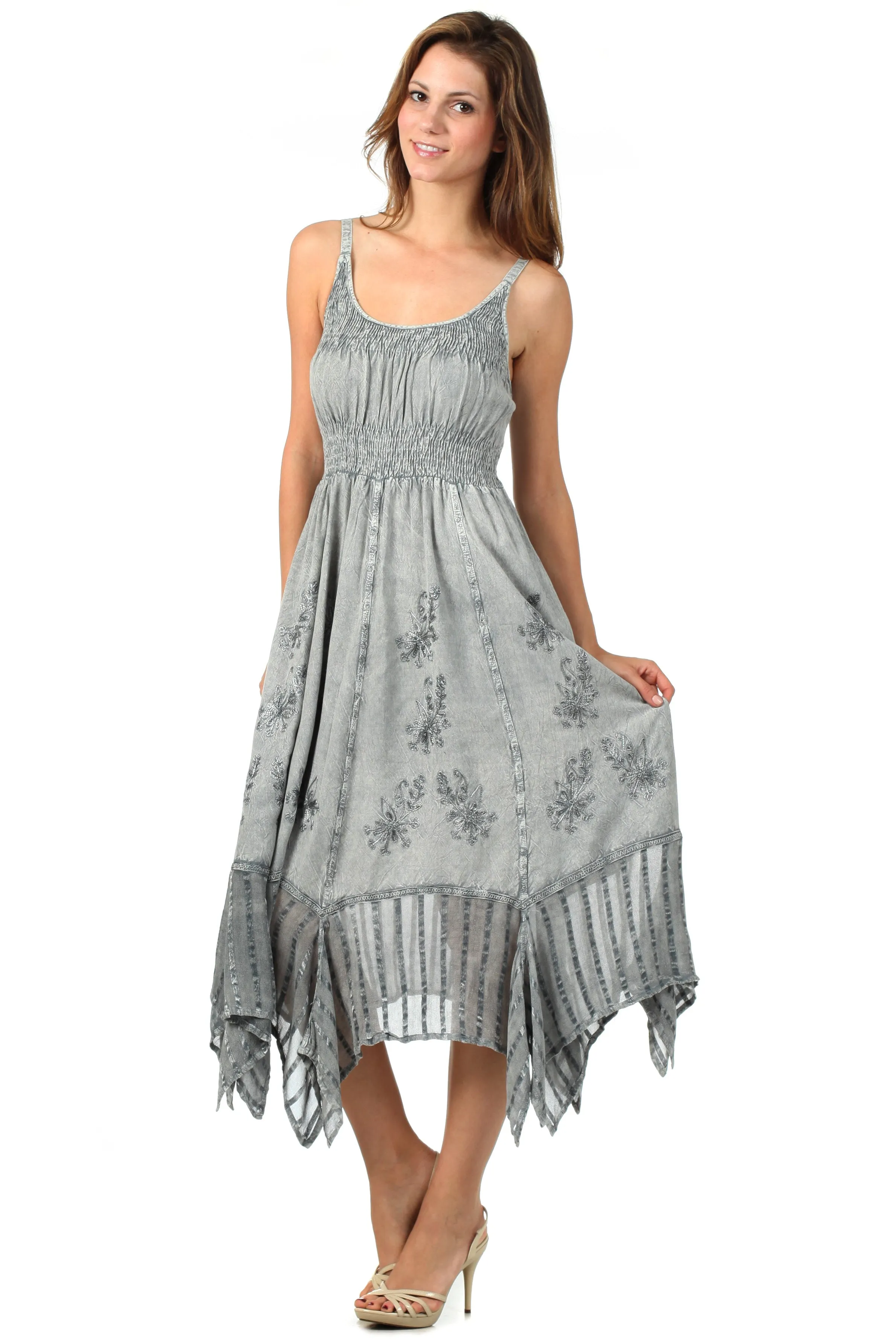 Sakkas Stonewashed Empire Waist Simple Floral Striped Crepe Handkerchief Hem Dress