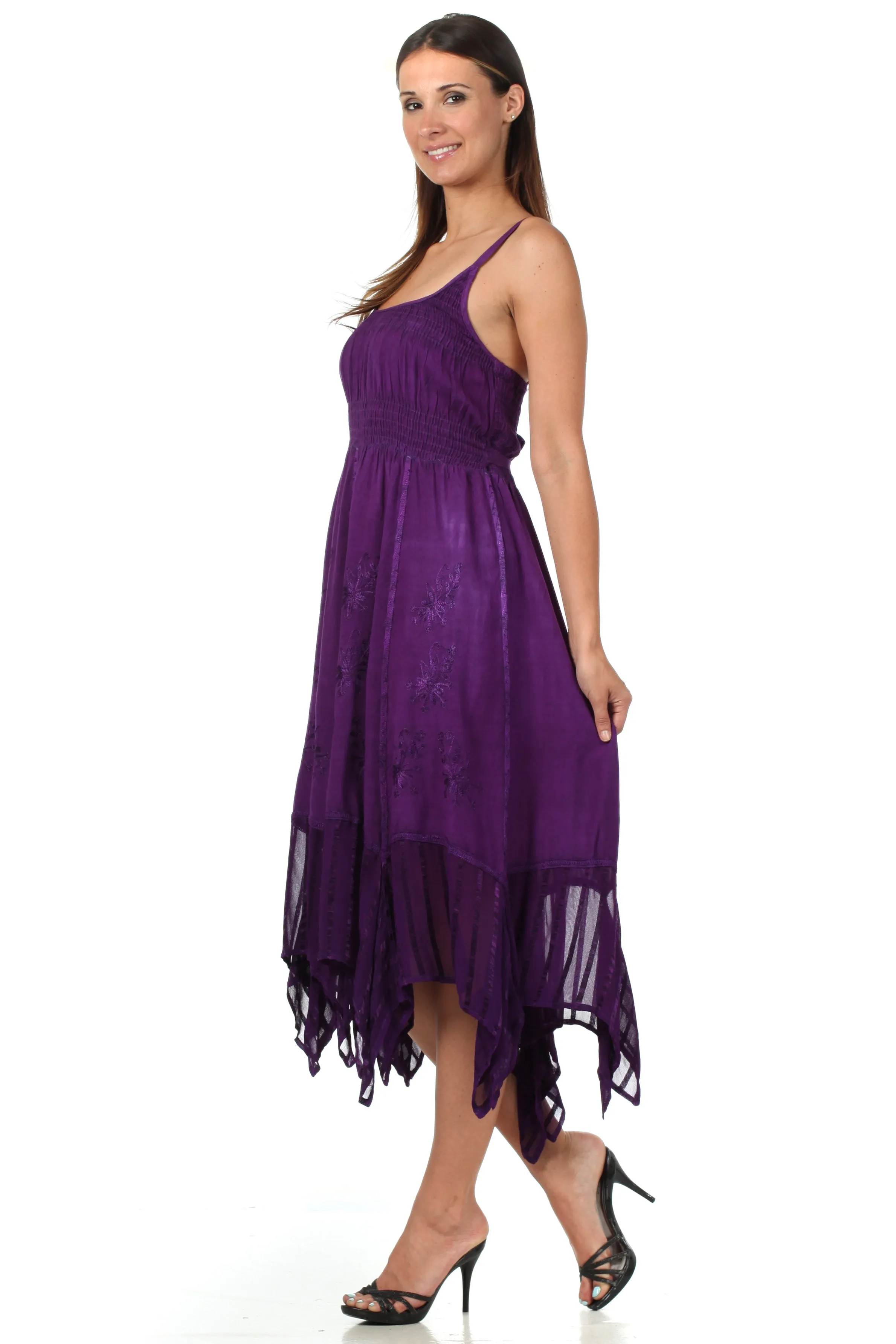 Sakkas Stonewashed Empire Waist Simple Floral Striped Crepe Handkerchief Hem Dress