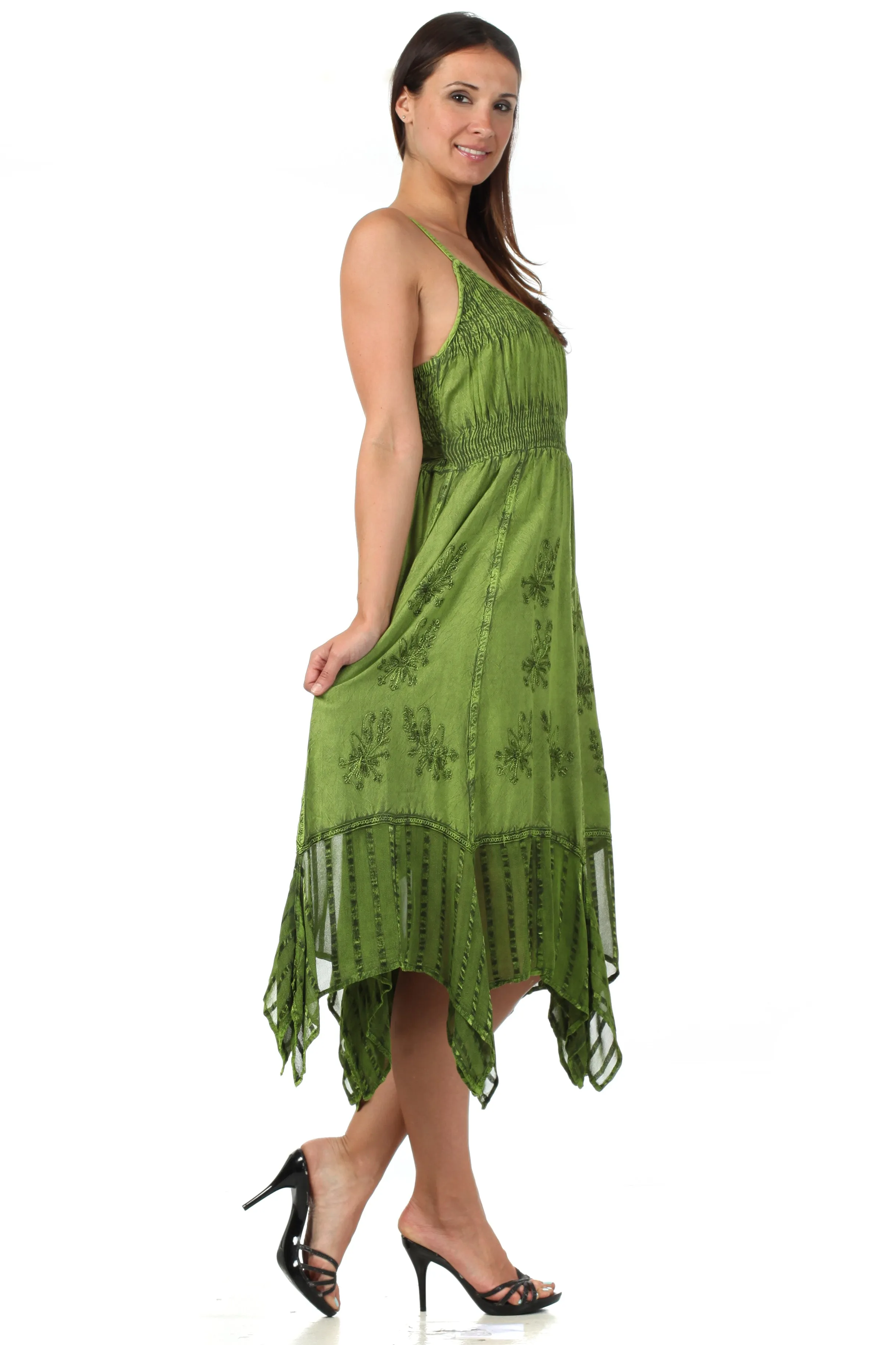 Sakkas Stonewashed Empire Waist Simple Floral Striped Crepe Handkerchief Hem Dress