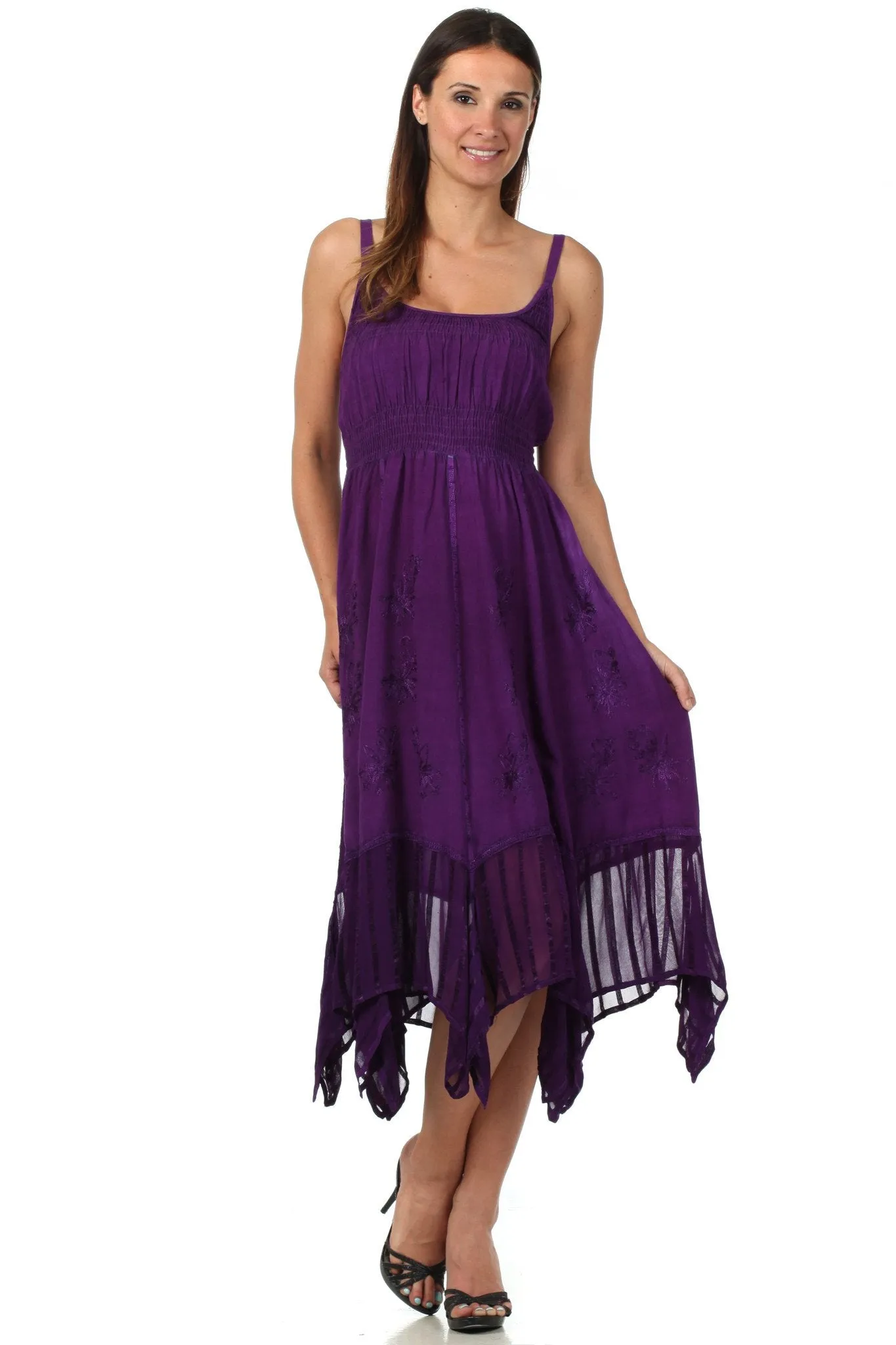 Sakkas Stonewashed Empire Waist Simple Floral Striped Crepe Handkerchief Hem Dress