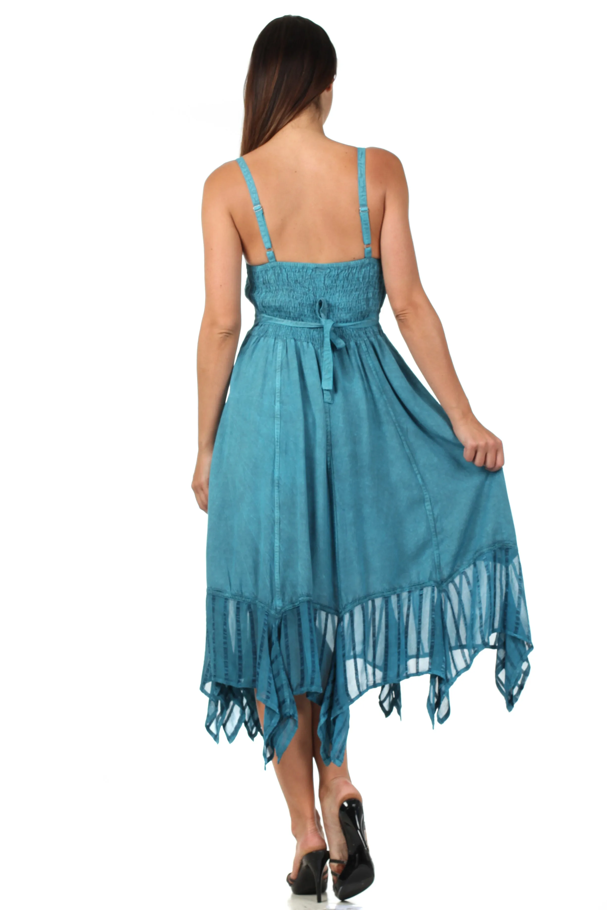 Sakkas Stonewashed Empire Waist Simple Floral Striped Crepe Handkerchief Hem Dress